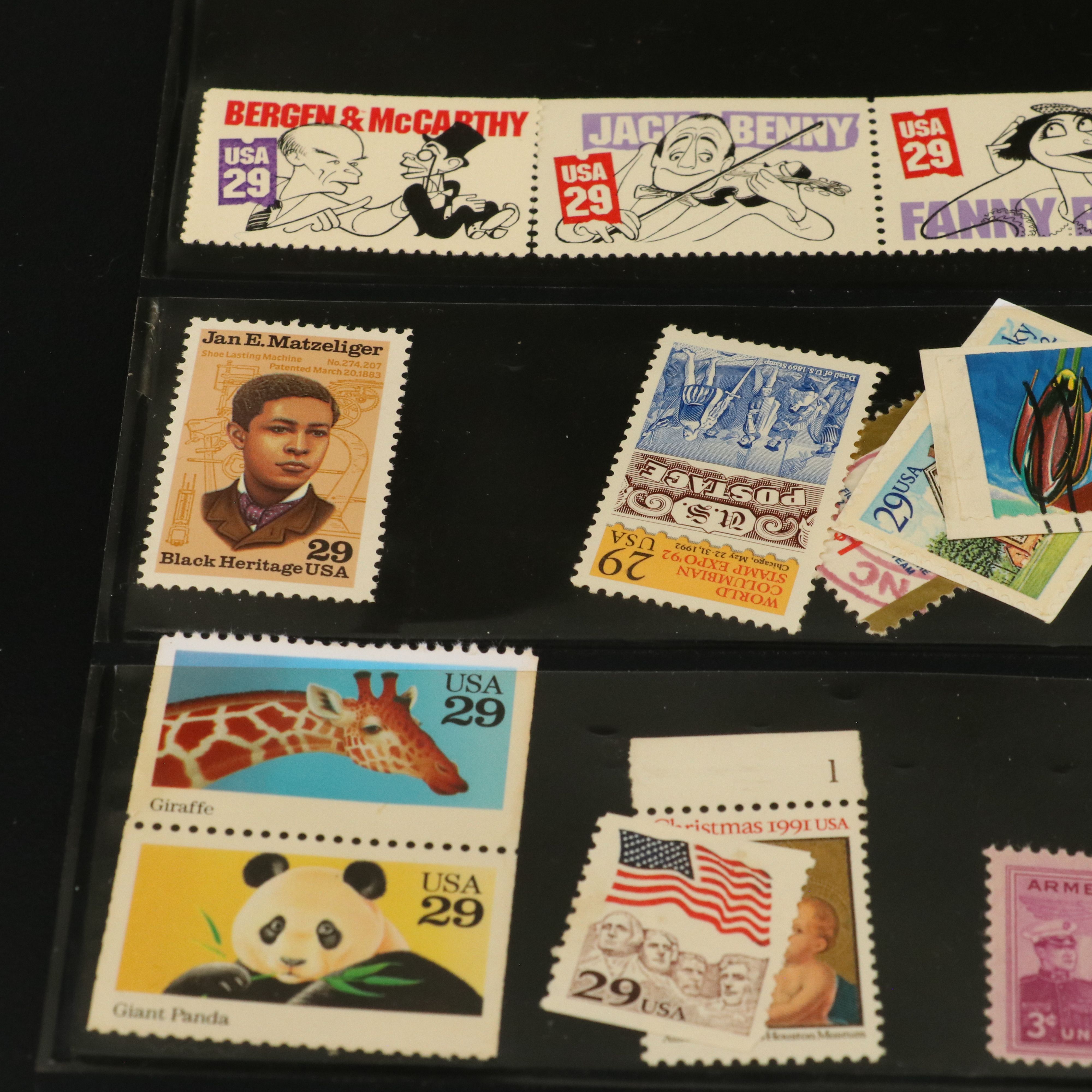 Four Album Pages of World and U.S. Postage Stamps