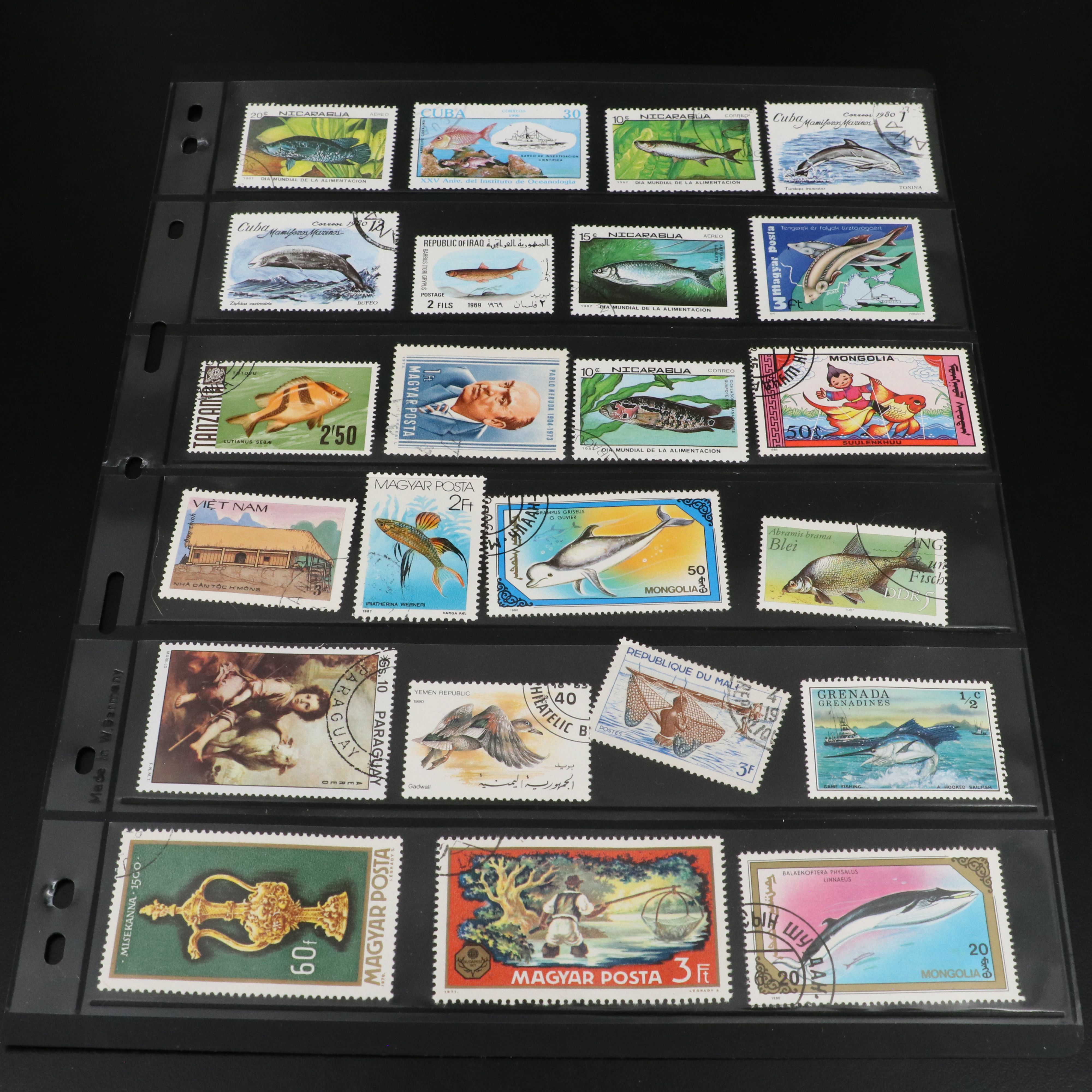 Four Album Pages of World and U.S. Postage Stamps