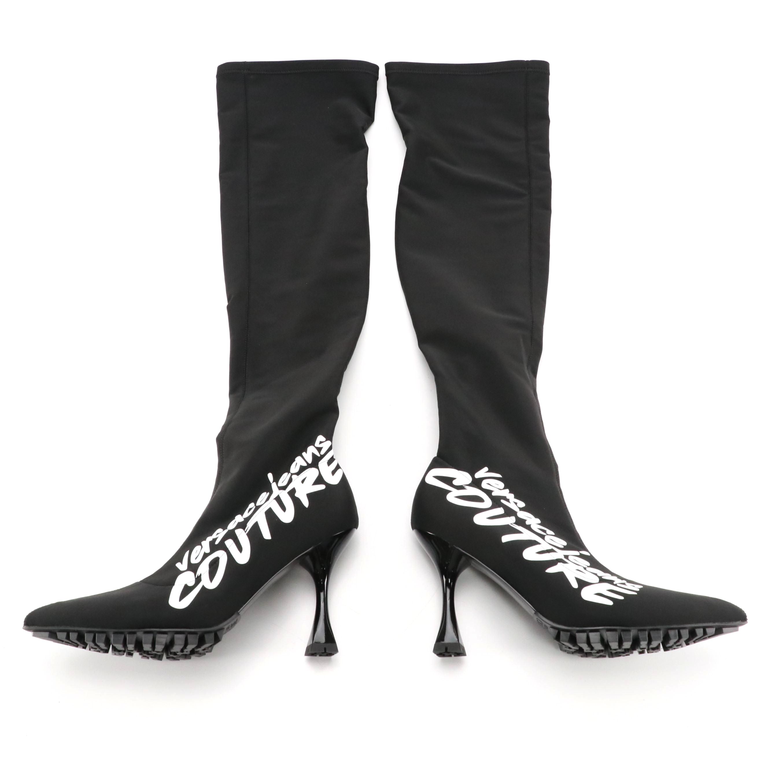 Versace Jeans Couture Logo Print Stretch Lycra Pointy-Toe Thigh-High Boots