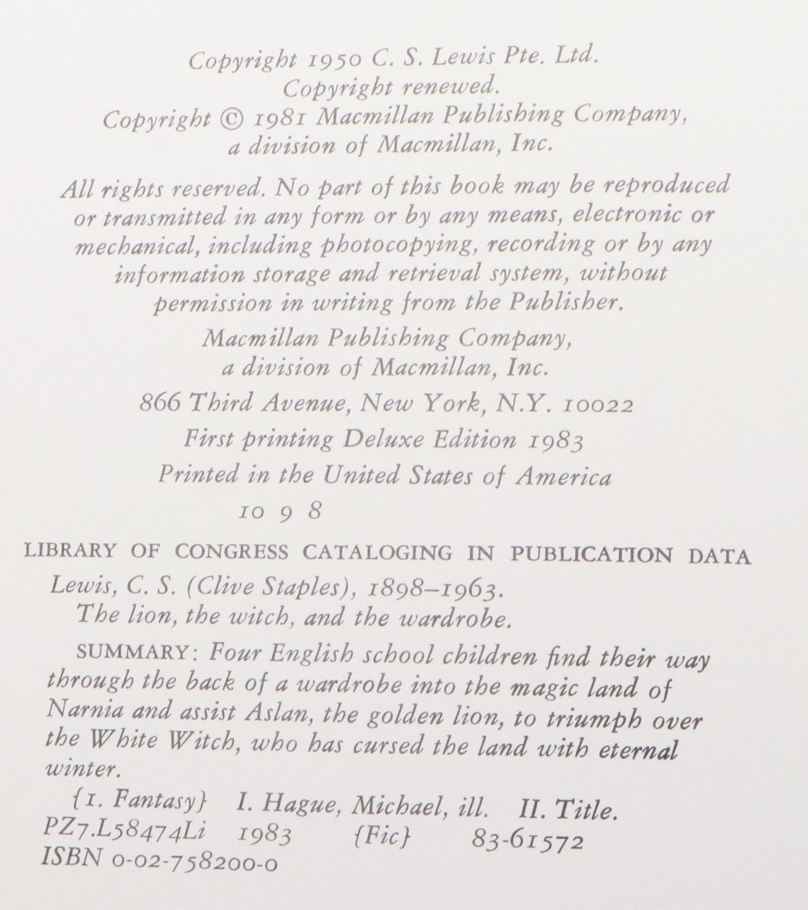 First Illustrated Deluxe Edition "The Lion, the Witch and the Wardrobe" by Lewis