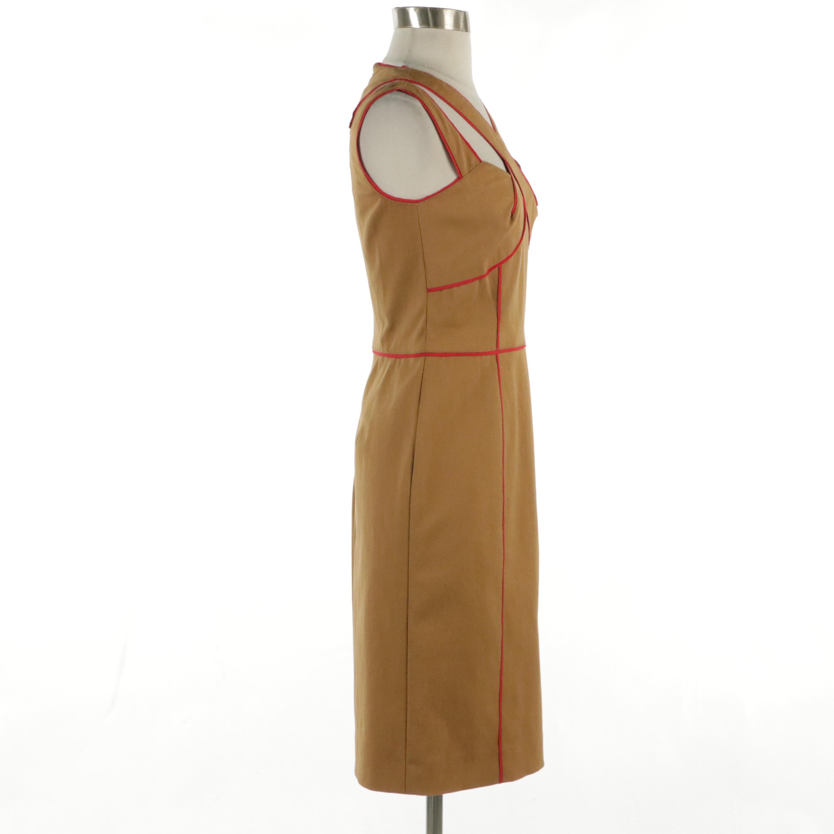 Oscar de la Renta V-Neck Cut Out Brown and Red Trimmed Midi Dress