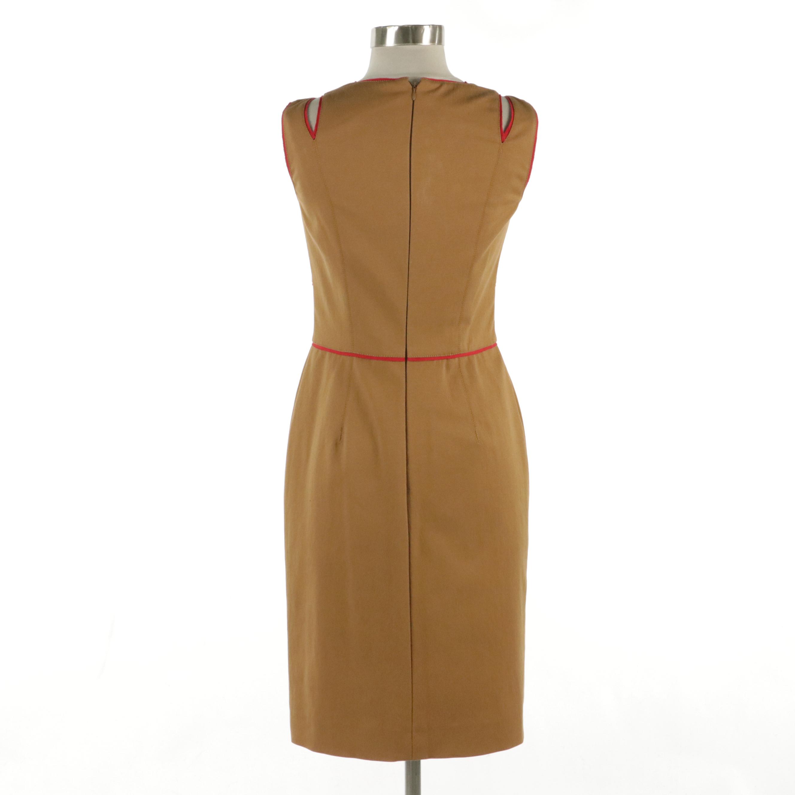 Oscar de la Renta V-Neck Cut Out Brown and Red Trimmed Midi Dress