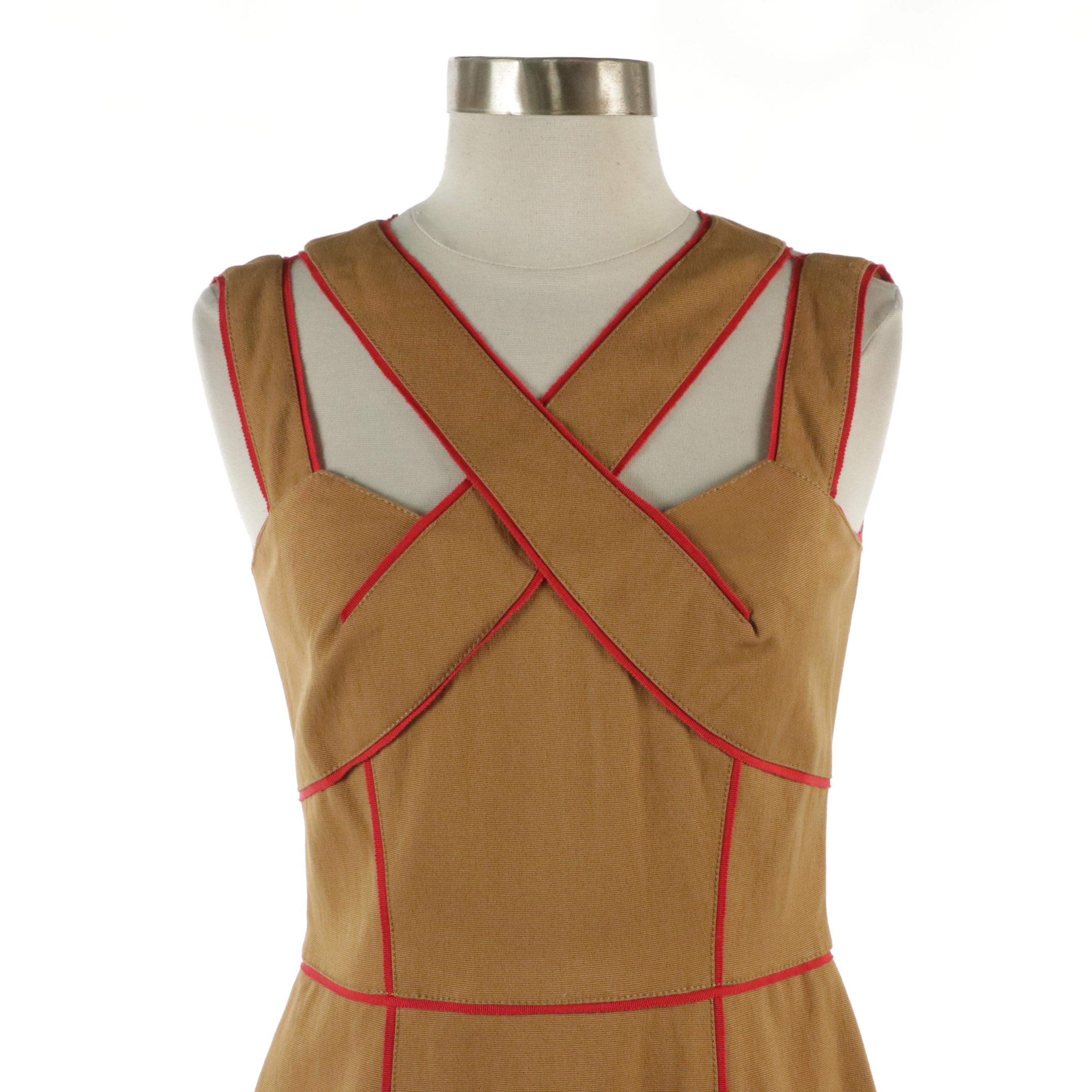 Oscar de la Renta V-Neck Cut Out Brown and Red Trimmed Midi Dress