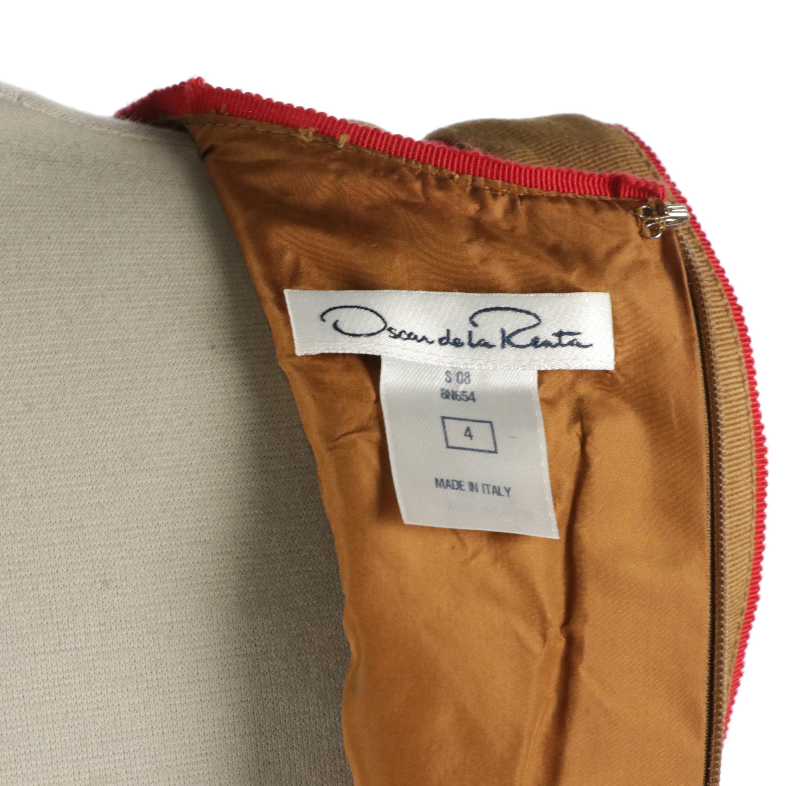 Oscar de la Renta V-Neck Cut Out Brown and Red Trimmed Midi Dress