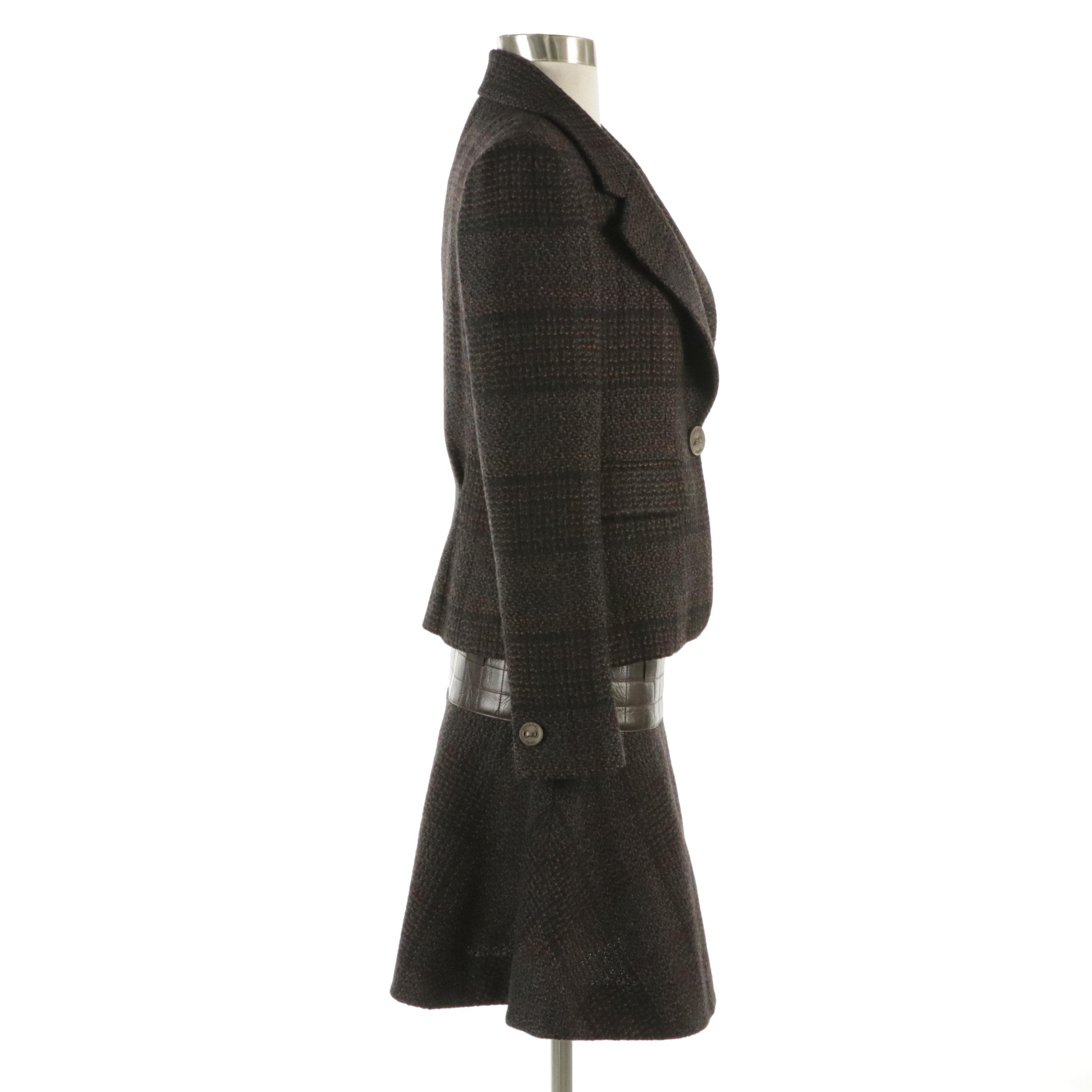 Chanel Tweed Blazer Suit Jacket with Quilted Leather Yoke Flared Mini Skirt