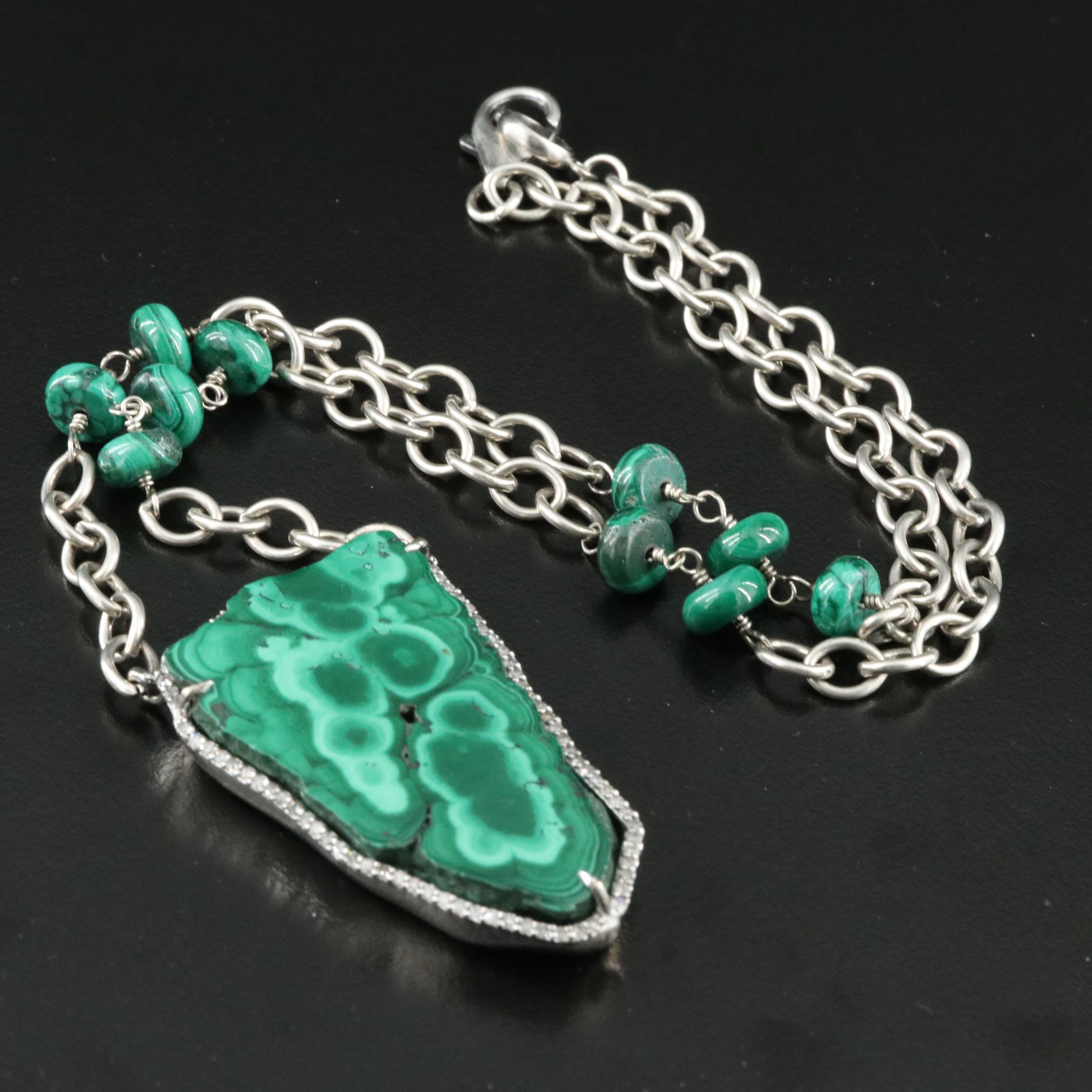 Sheryl Lowe Sterling Malachite and Diamond Necklace