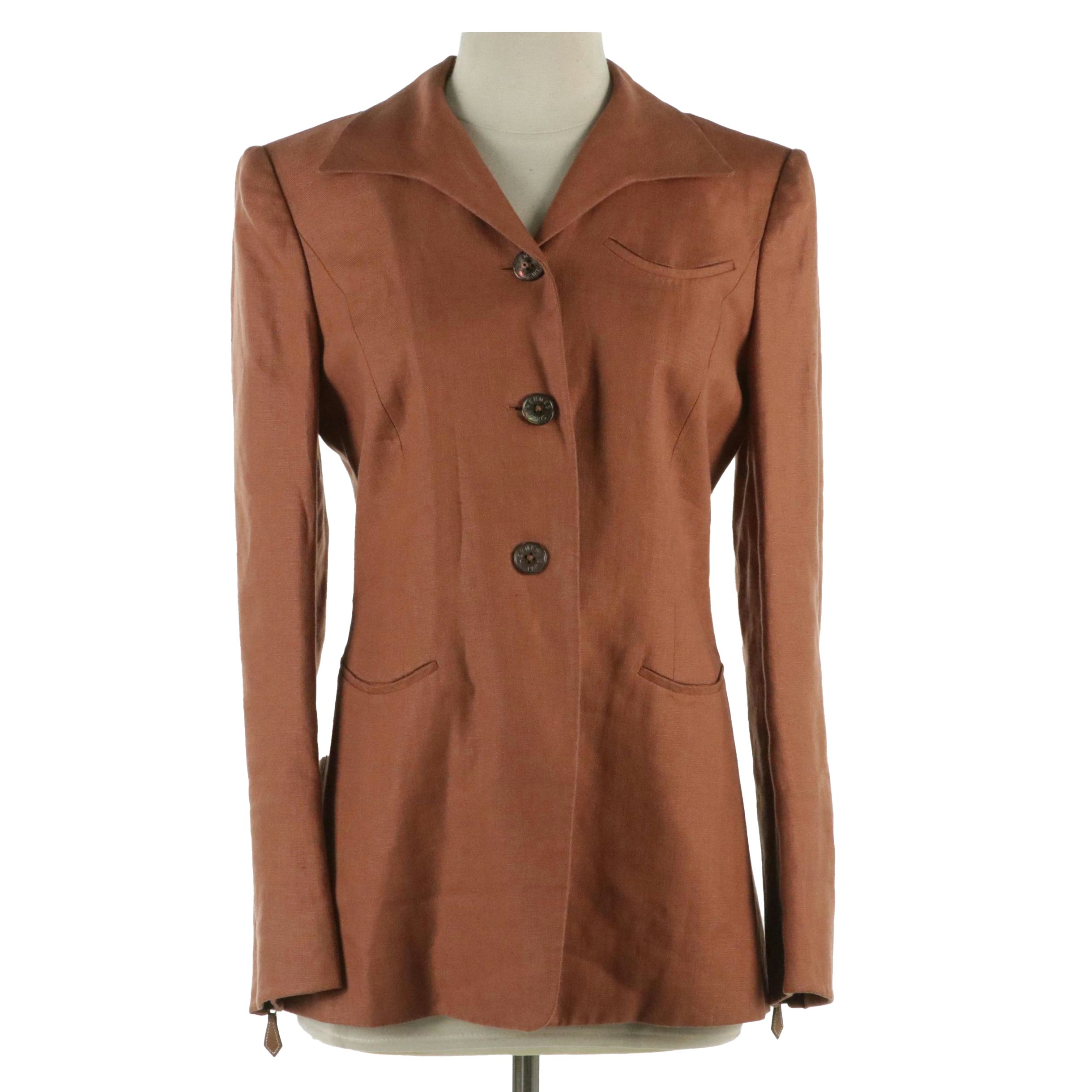 Hermès Vintage Blazer in Terracotta Linen with Zippered Sleeve Details