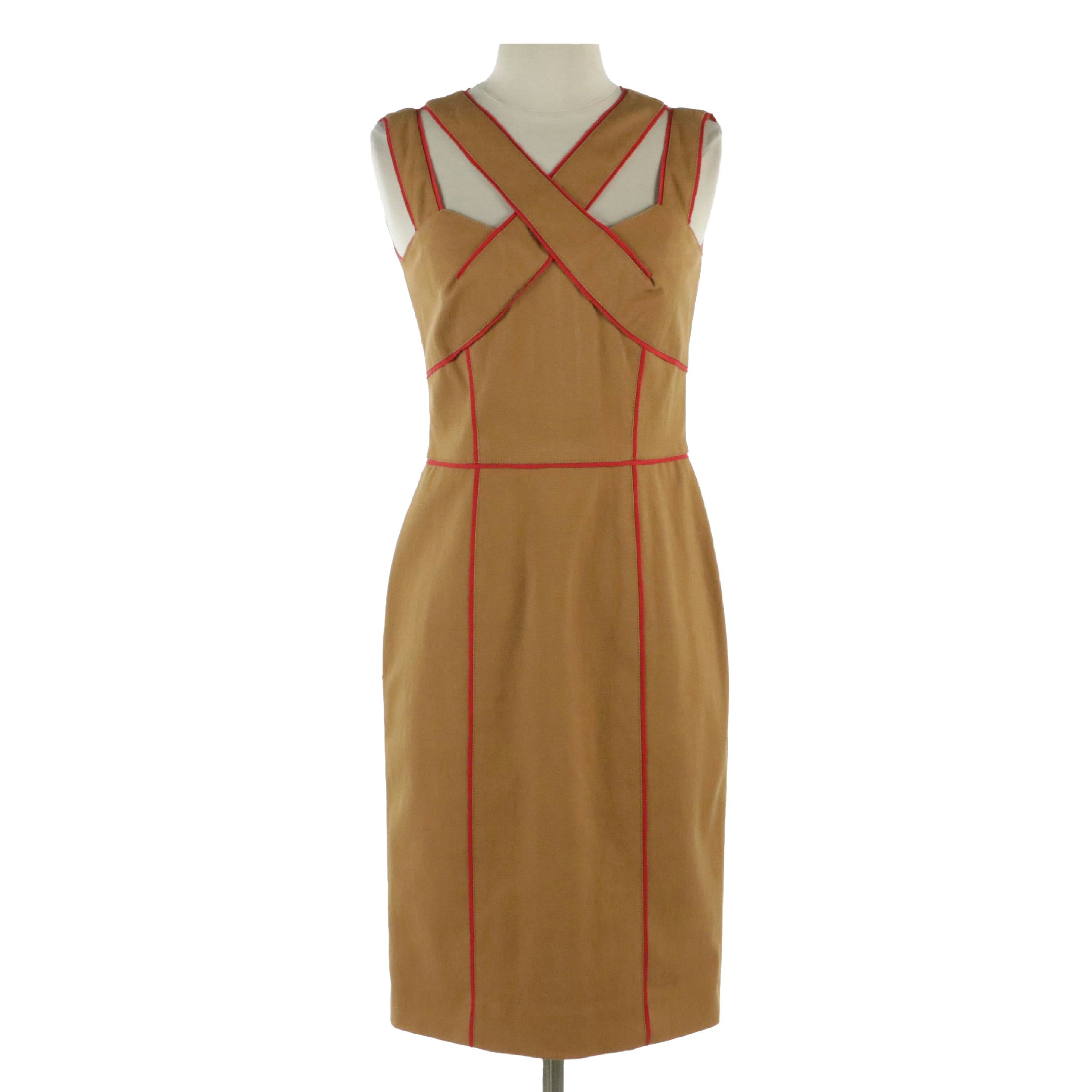 Oscar de la Renta V-Neck Cut Out Brown and Red Trimmed Midi Dress