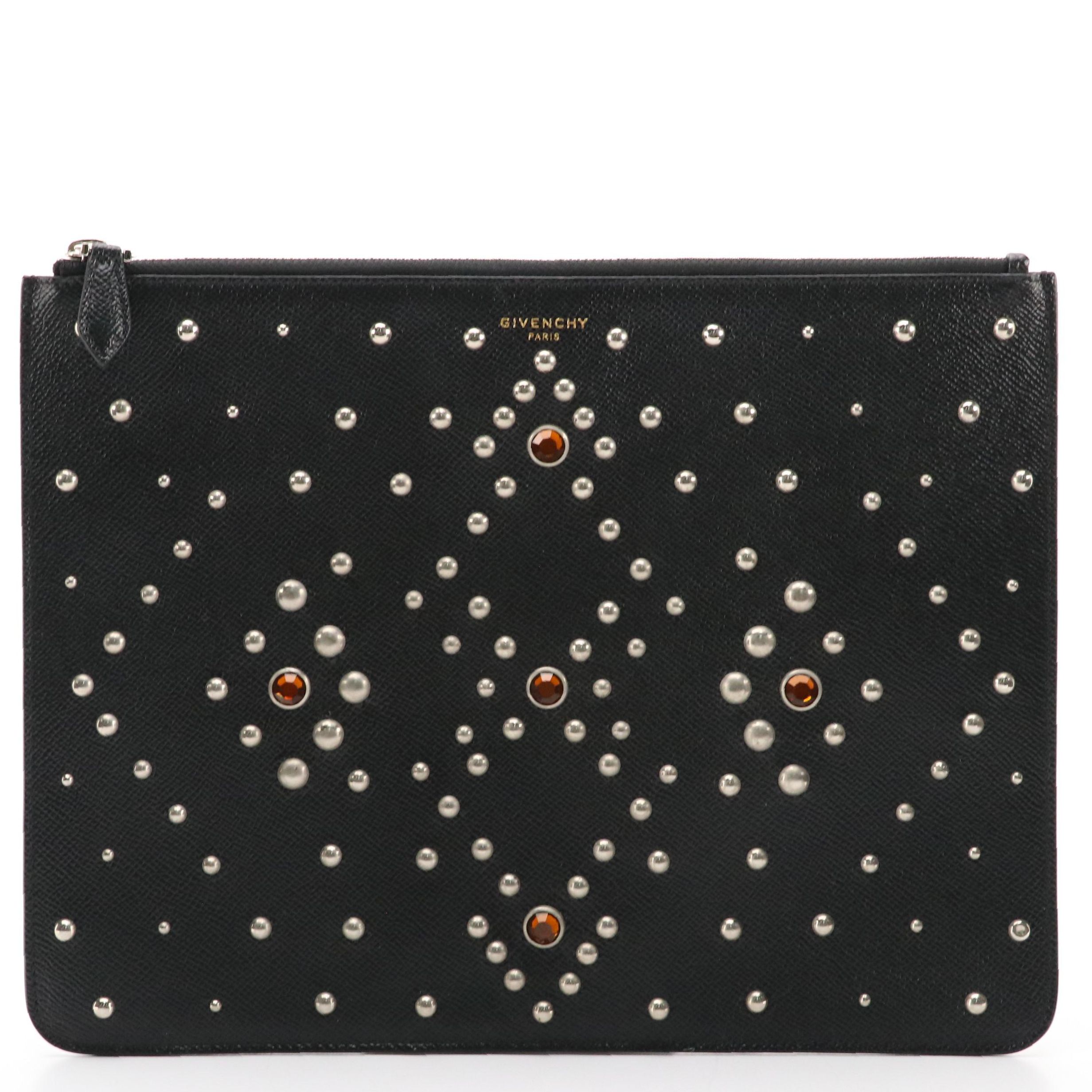 Givenchy Studded Black Grain Leather Zip Clutch