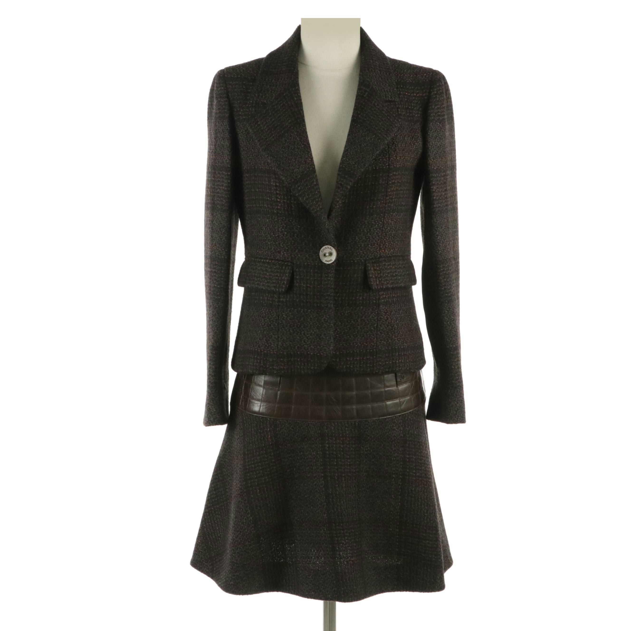 Chanel Tweed Blazer Suit Jacket with Quilted Leather Yoke Flared Mini Skirt