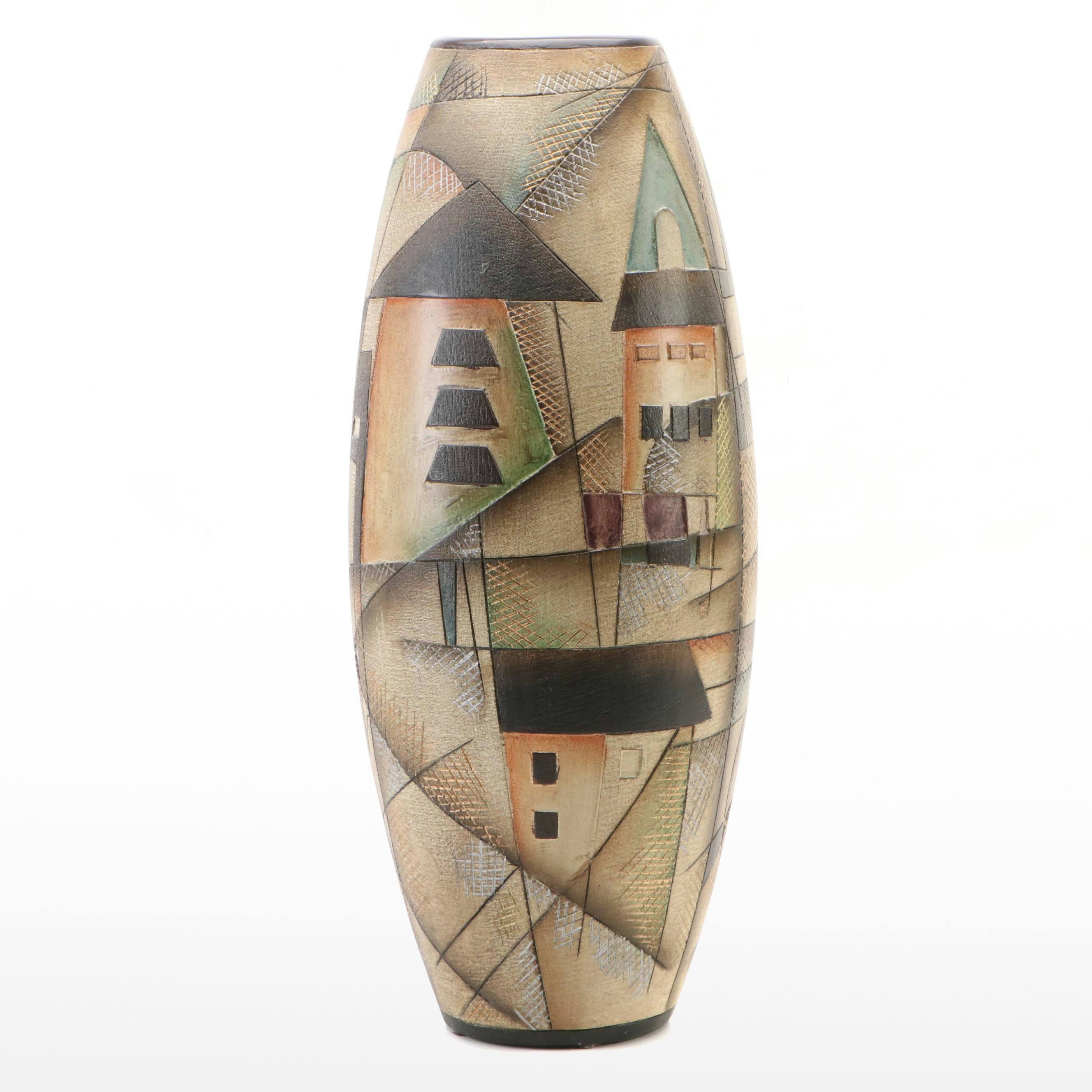 Contemporary Abstract Village Scene Textured Floor Vase