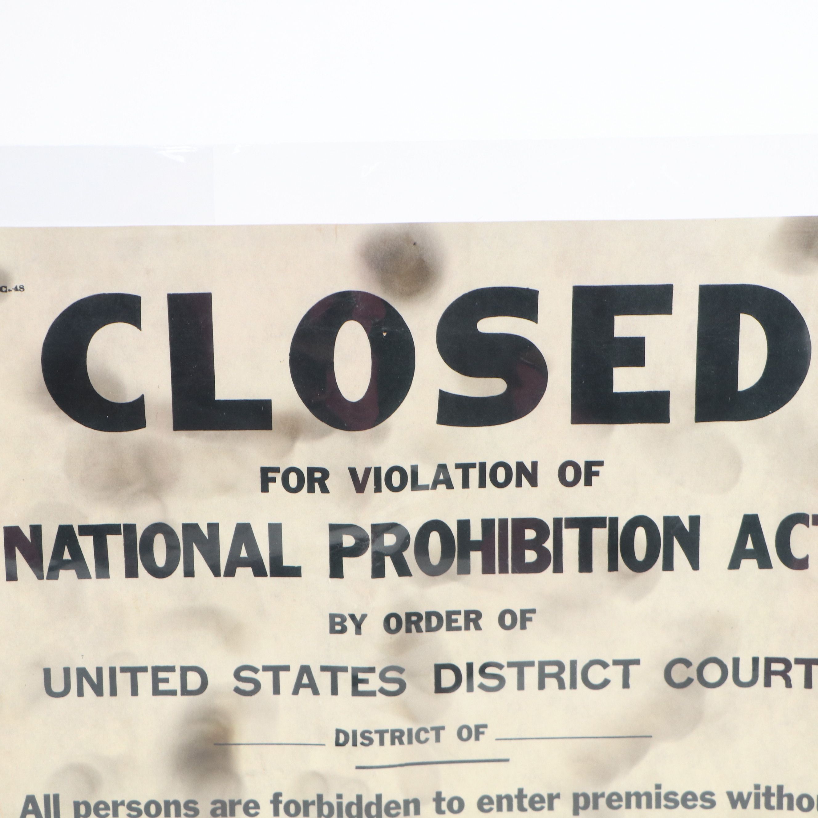 "Closed for Violation of National Prohibition Act" Paper Sign