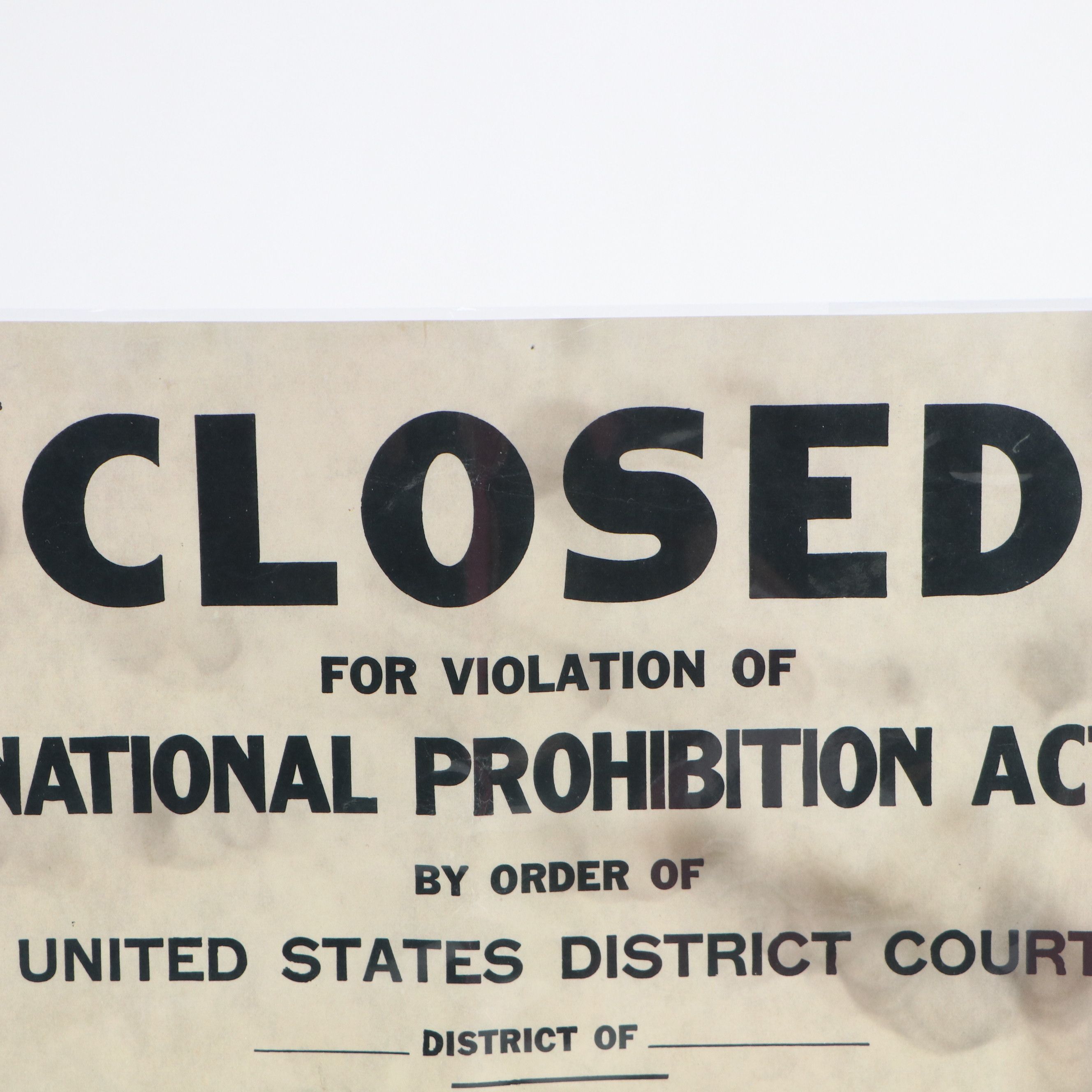 "Closed for Violation of National Prohibition Act" Paper Sign
