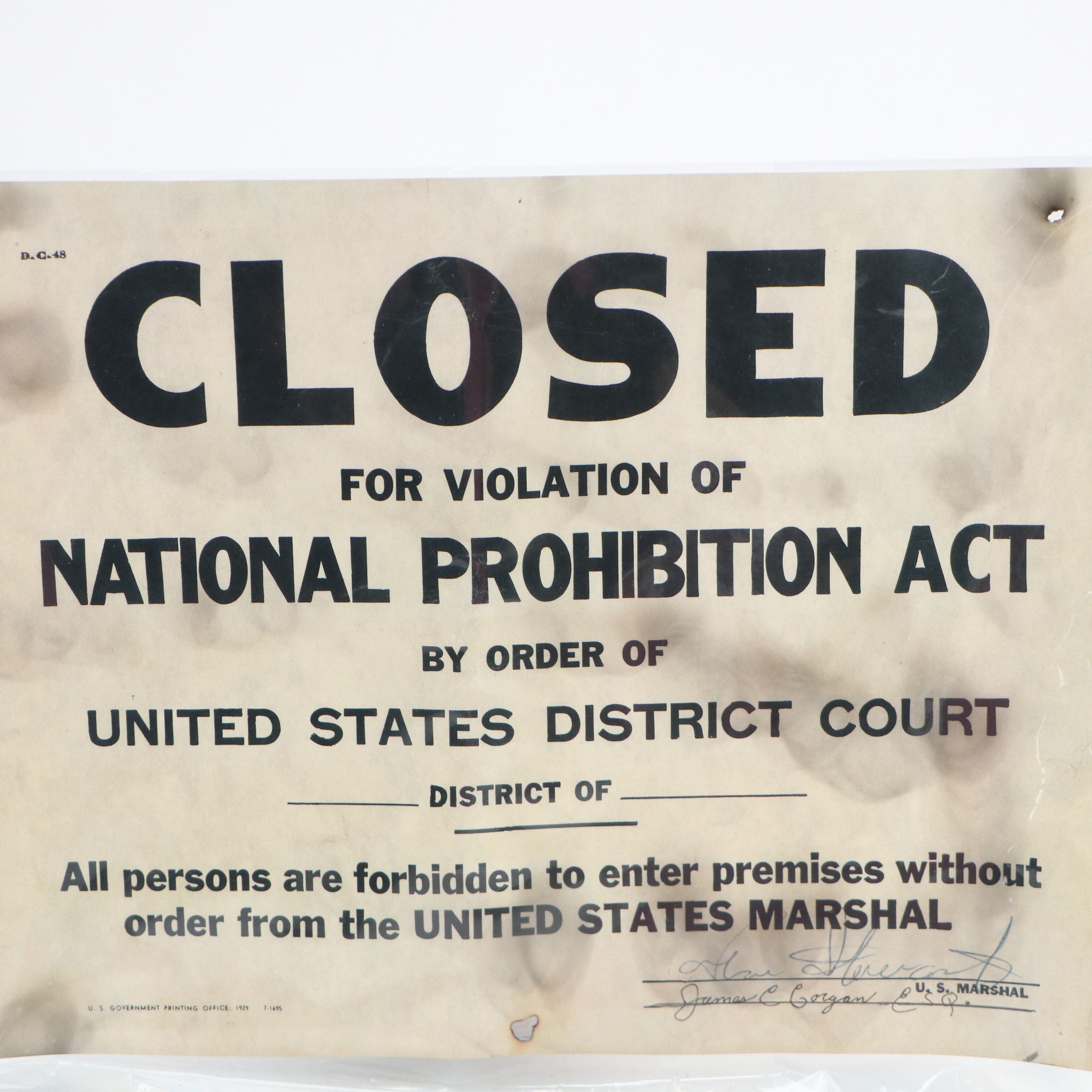 "Closed for Violation of National Prohibition Act" Paper Sign