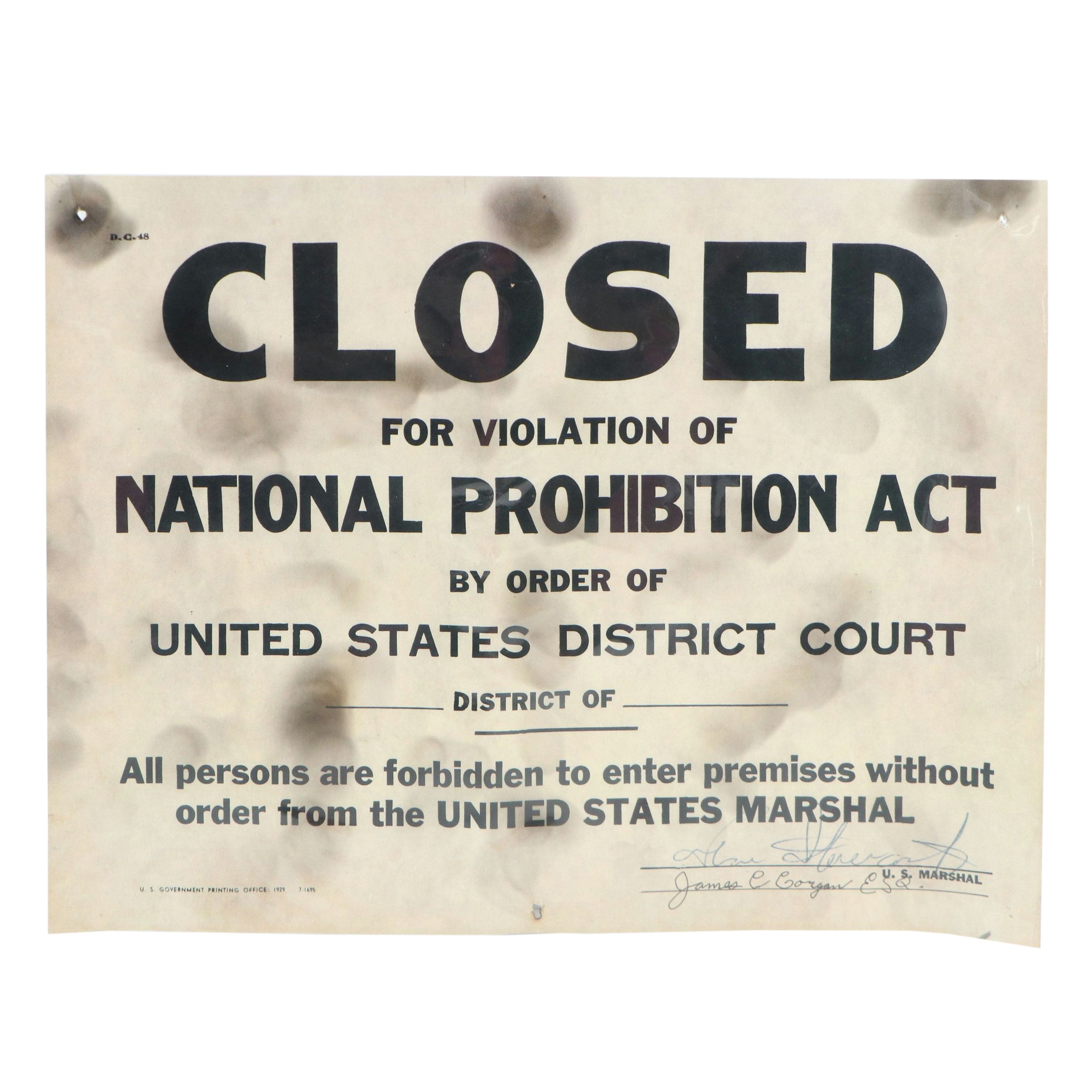 "Closed for Violation of National Prohibition Act" Paper Sign