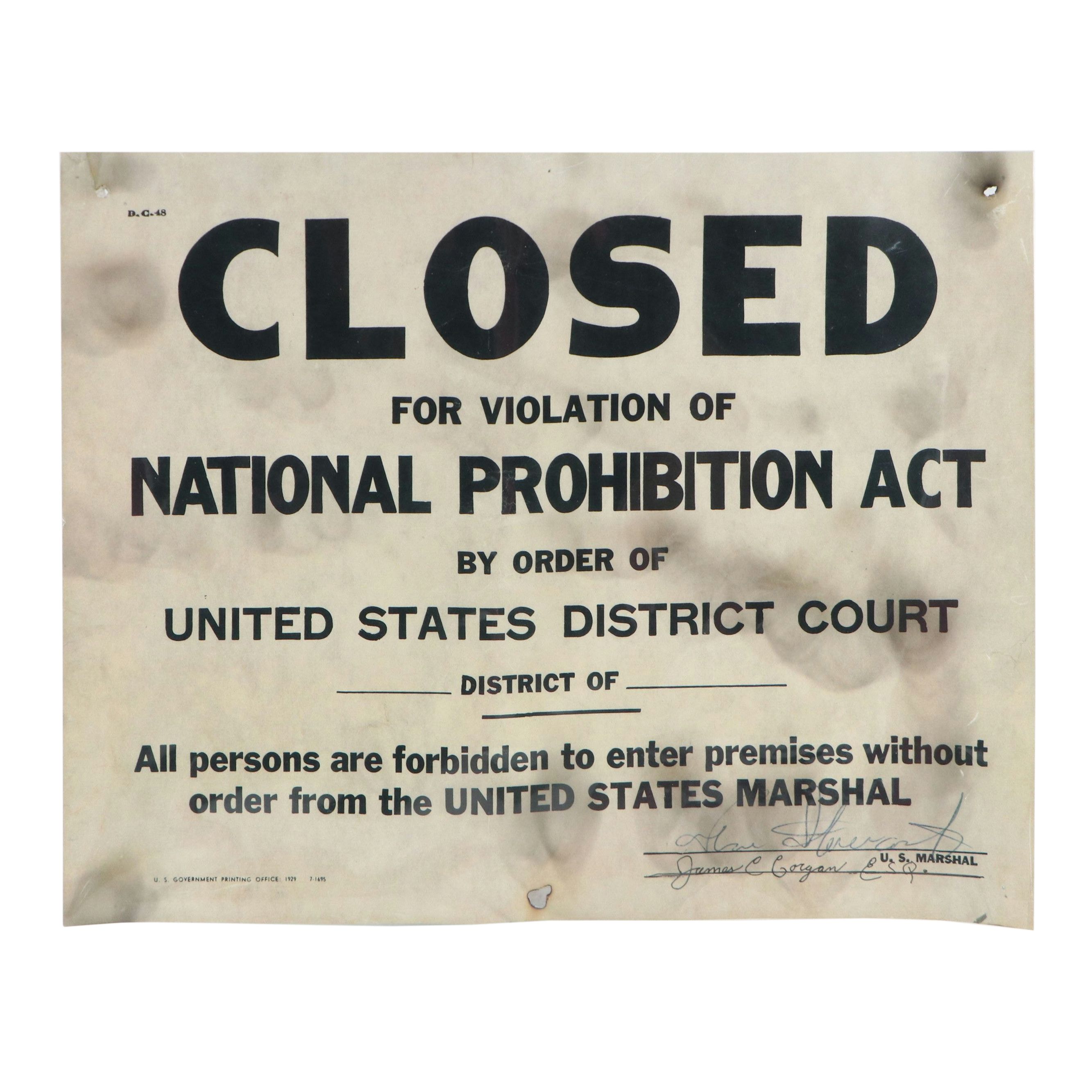 "Closed for Violation of National Prohibition Act" Paper Sign