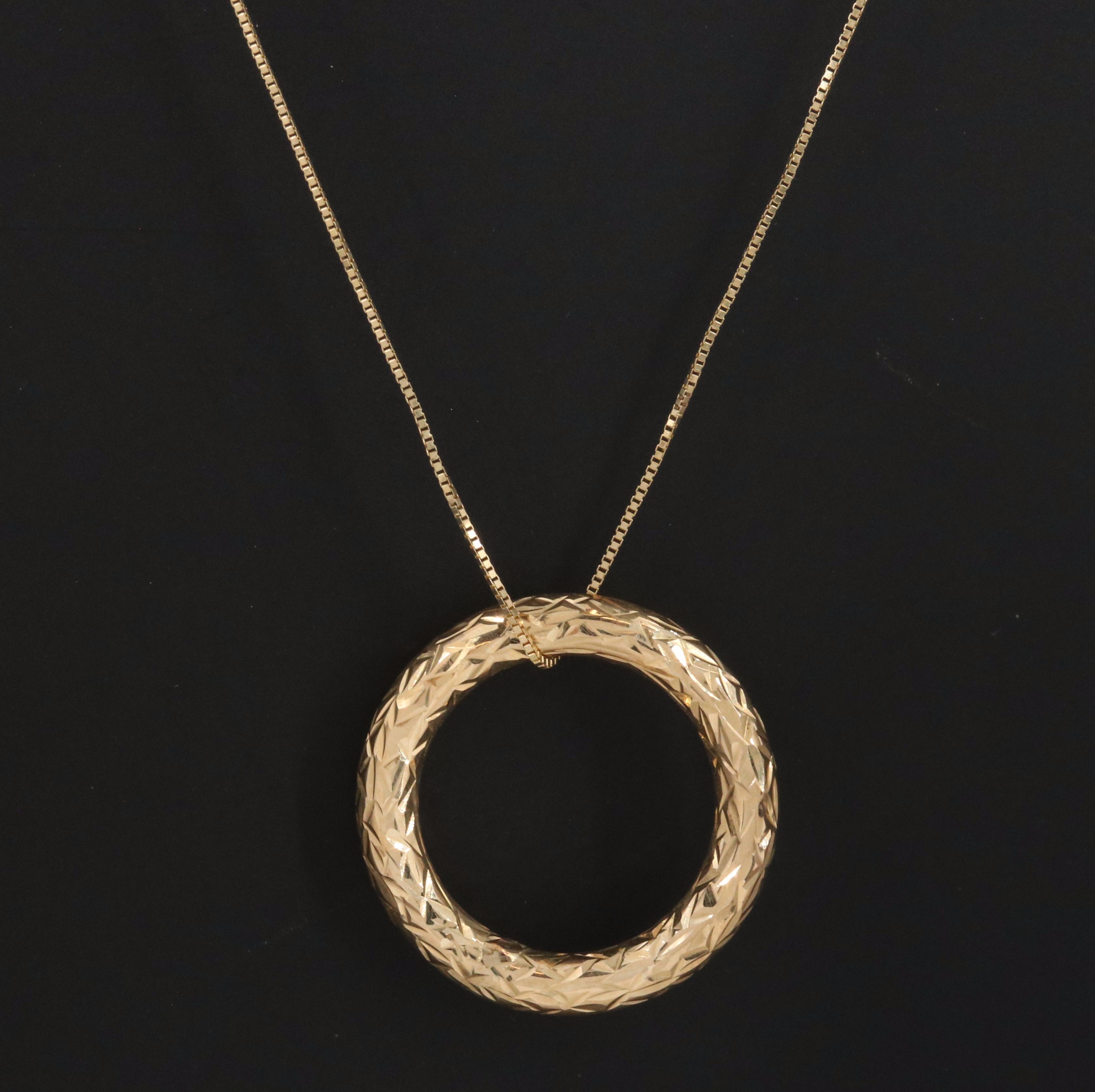 14K Circle Pendant Necklace with Diamond-Cut Finish