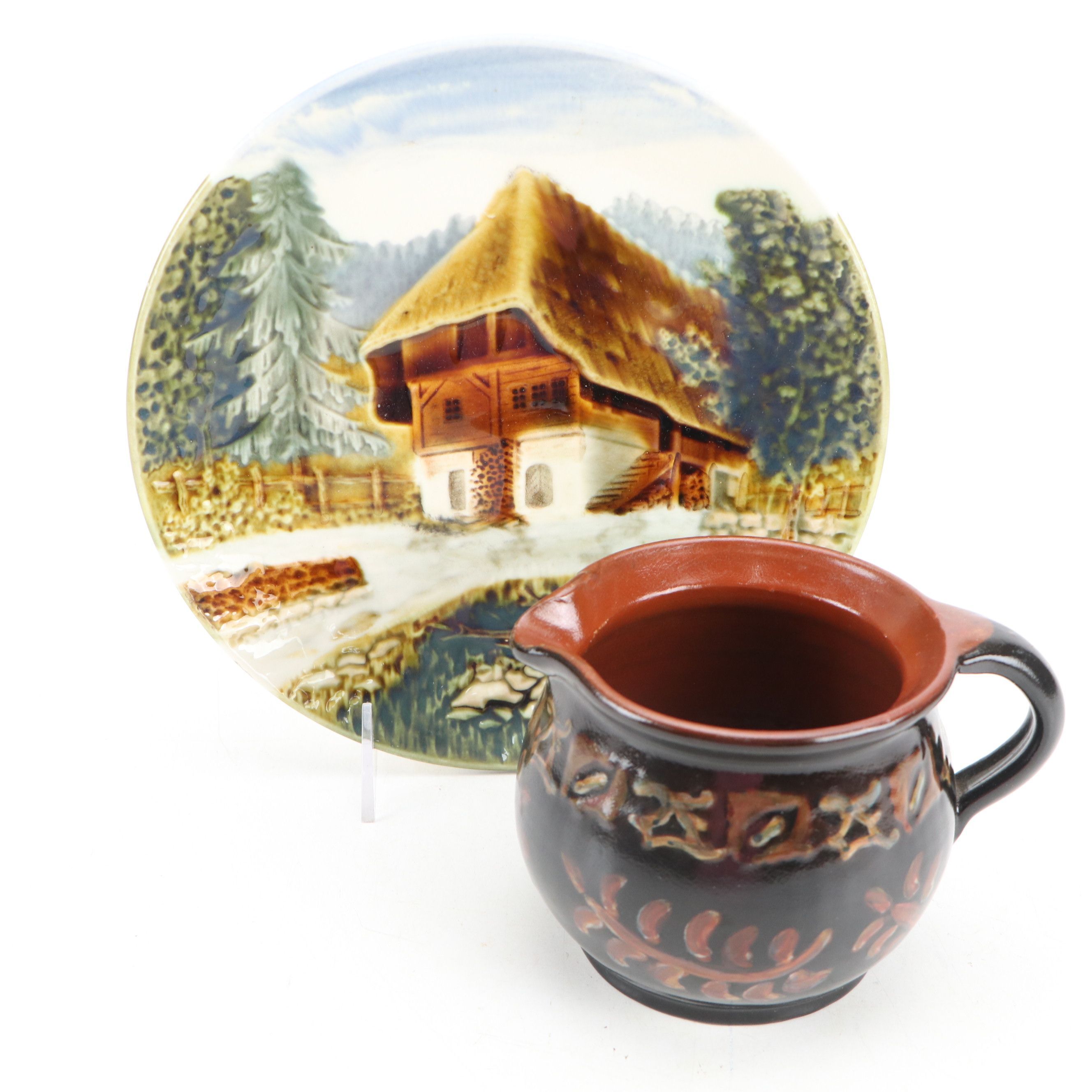 Cico German Majolica Cabinet Plate with Redware Pottery Jug, 20th Century