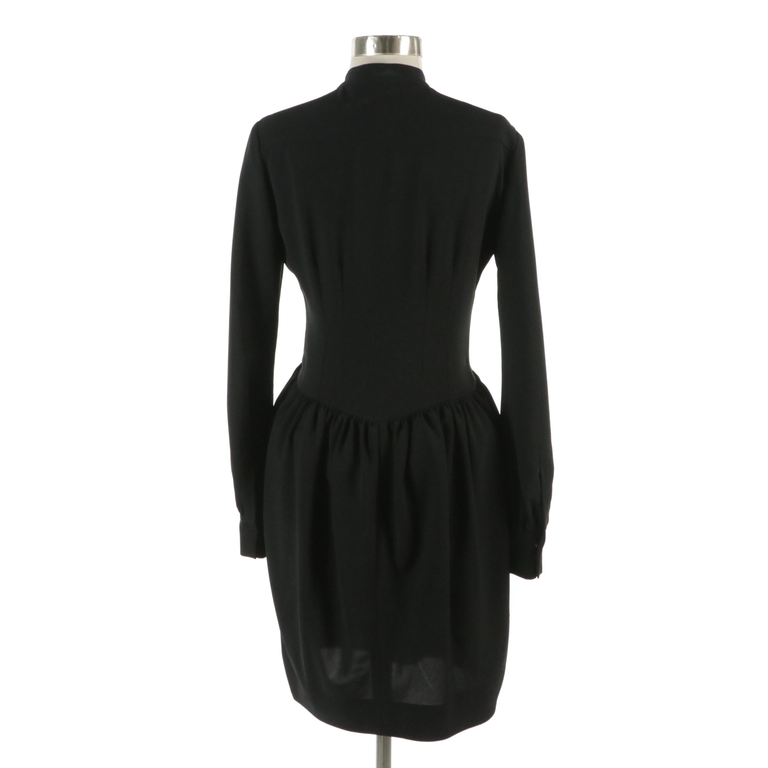 Balenciaga Black Long Sleeve Dress with Hidden Snap Placket and Pleated Skirt