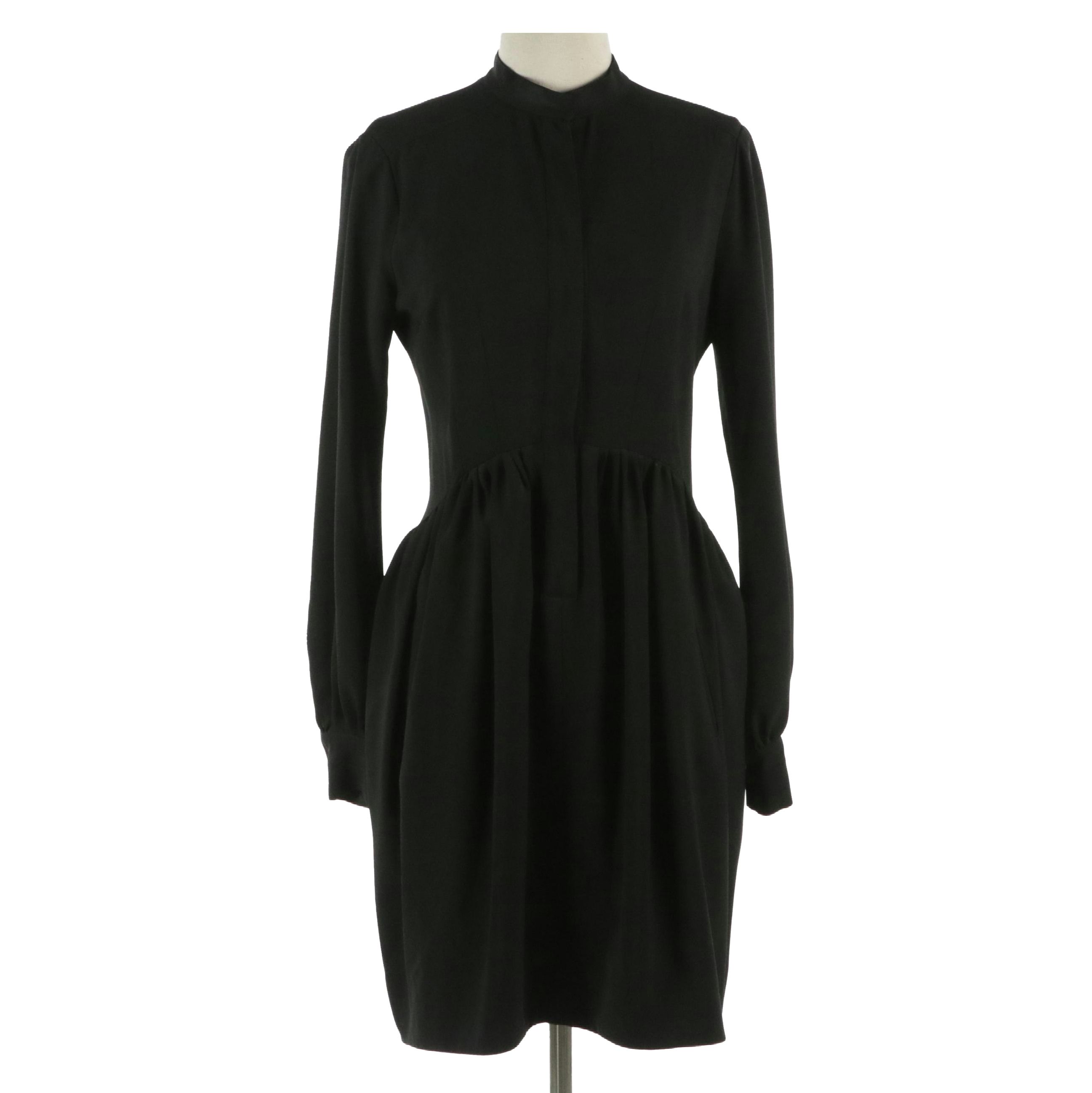 Balenciaga Black Long Sleeve Dress with Hidden Snap Placket and Pleated Skirt