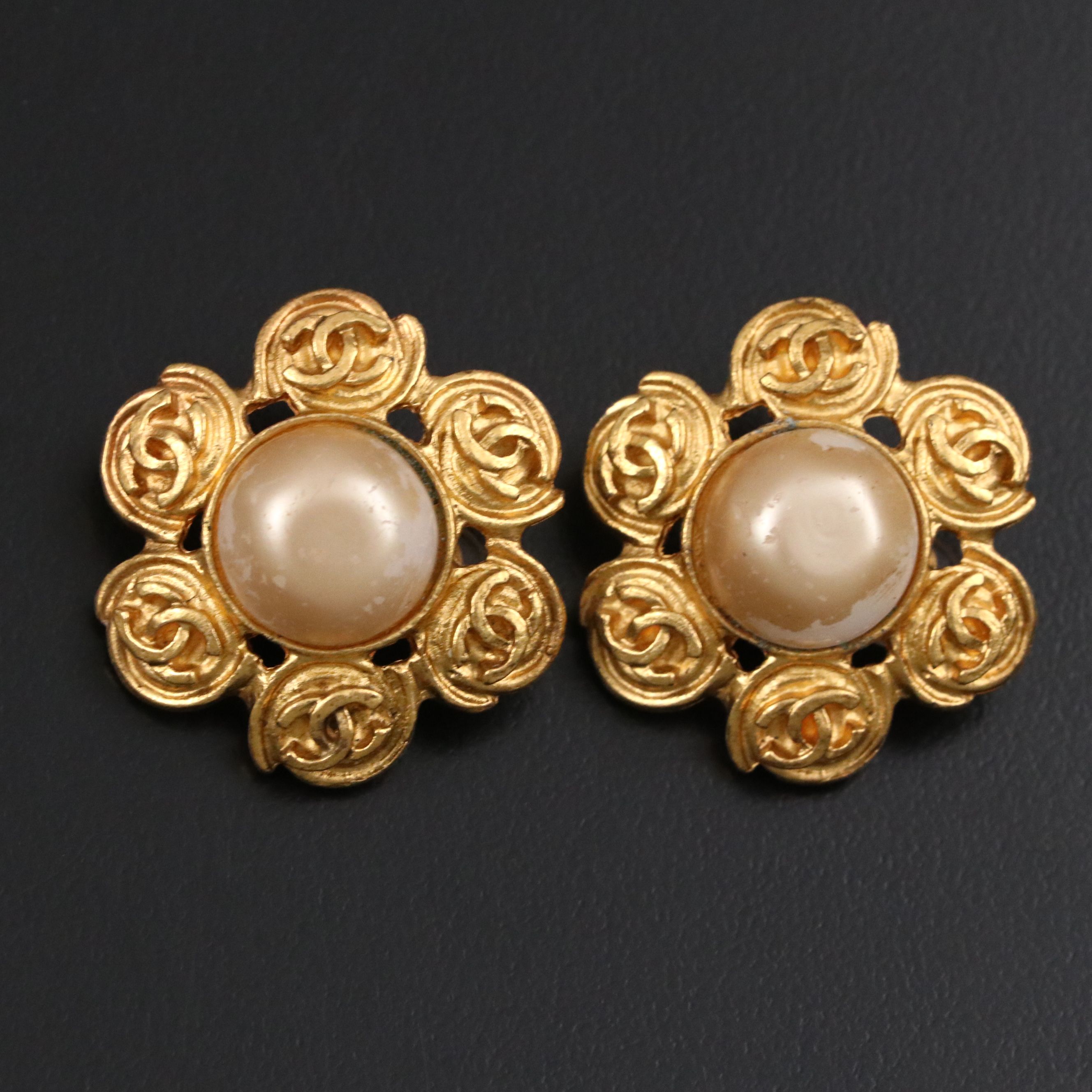 Chanel CC Imitation Pearl Flower Clip Earrings