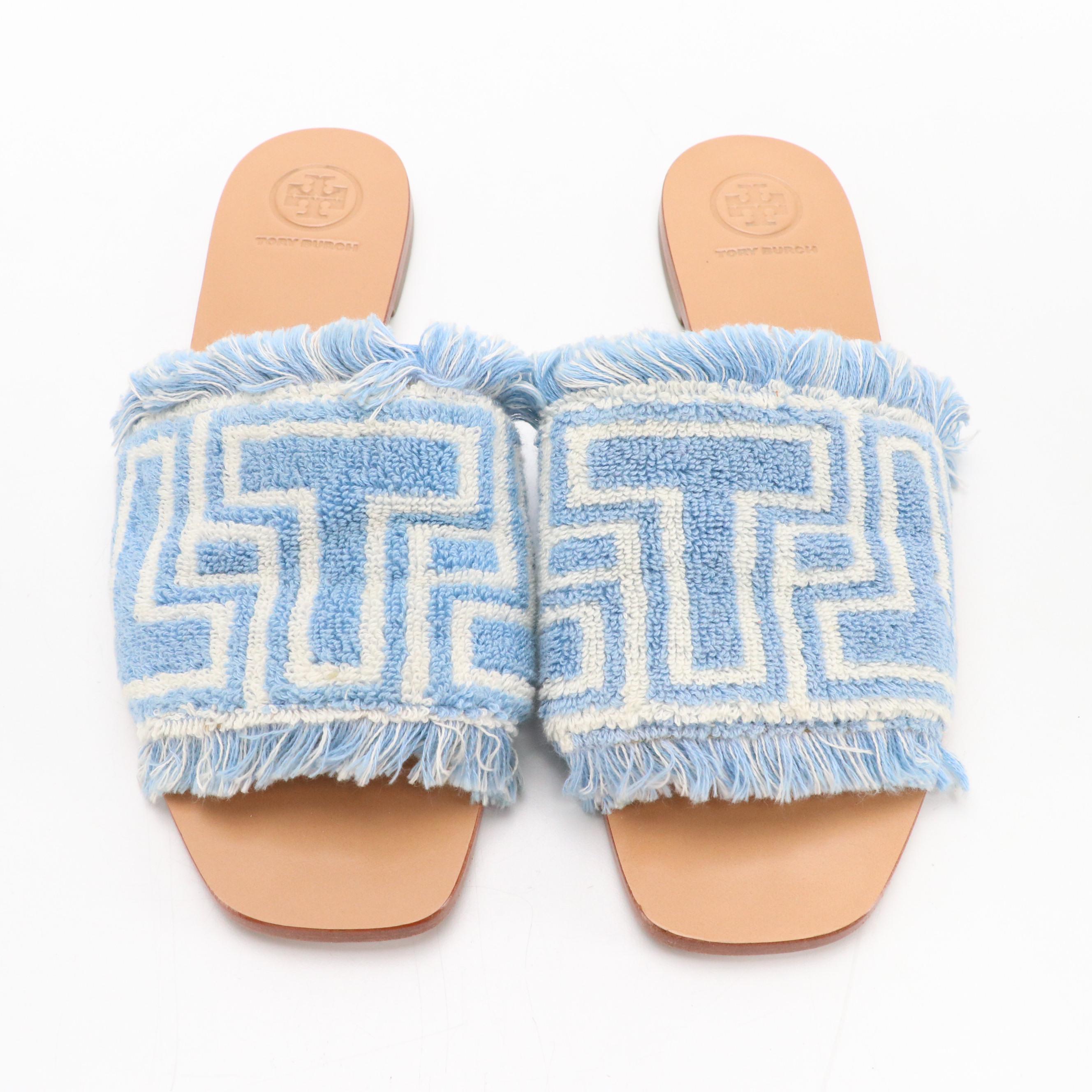 Tory Burch Baby Blue Fringed Terry Cloth Sandals