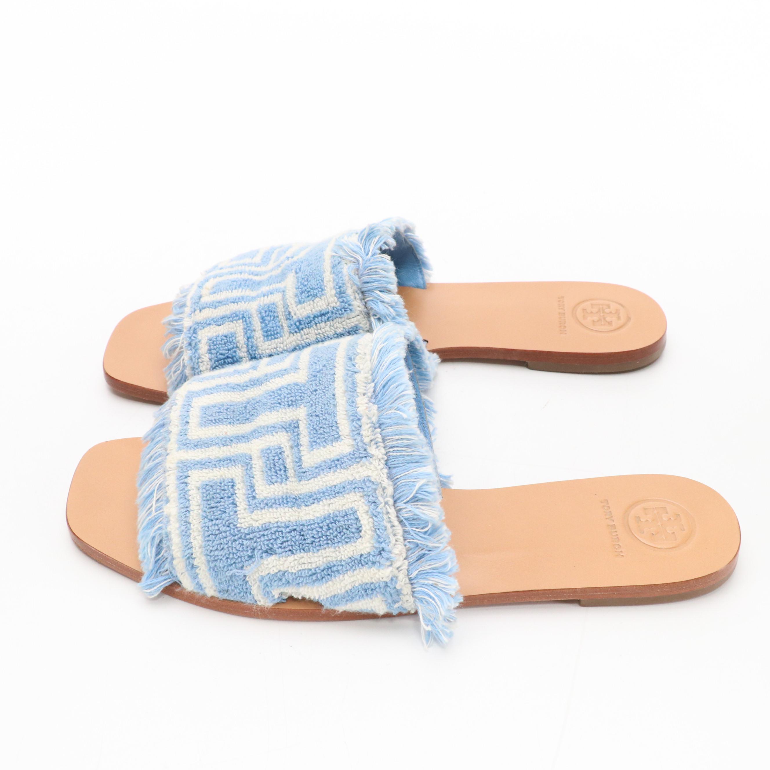 Tory Burch Baby Blue Fringed Terry Cloth Sandals