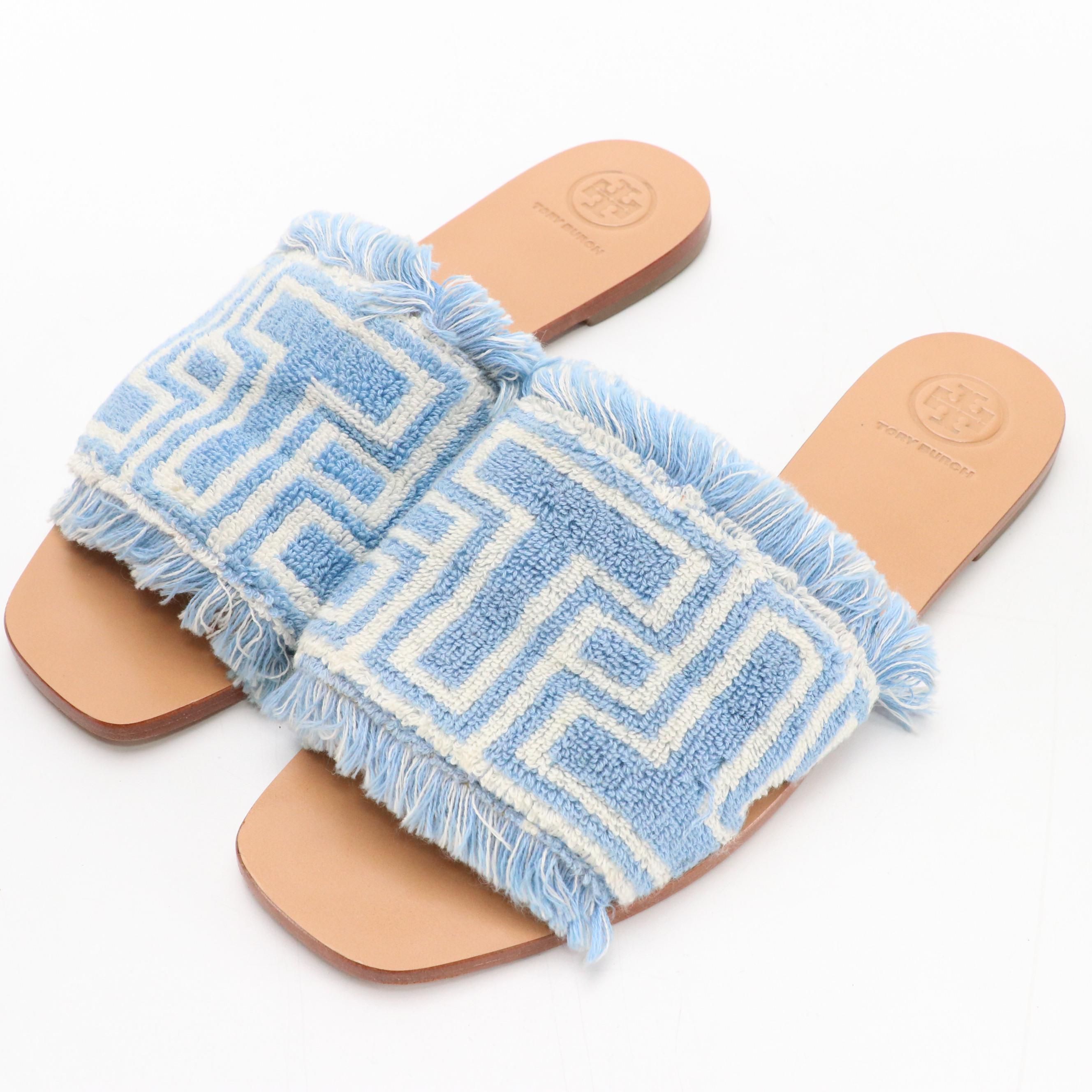Tory Burch Baby Blue Fringed Terry Cloth Sandals