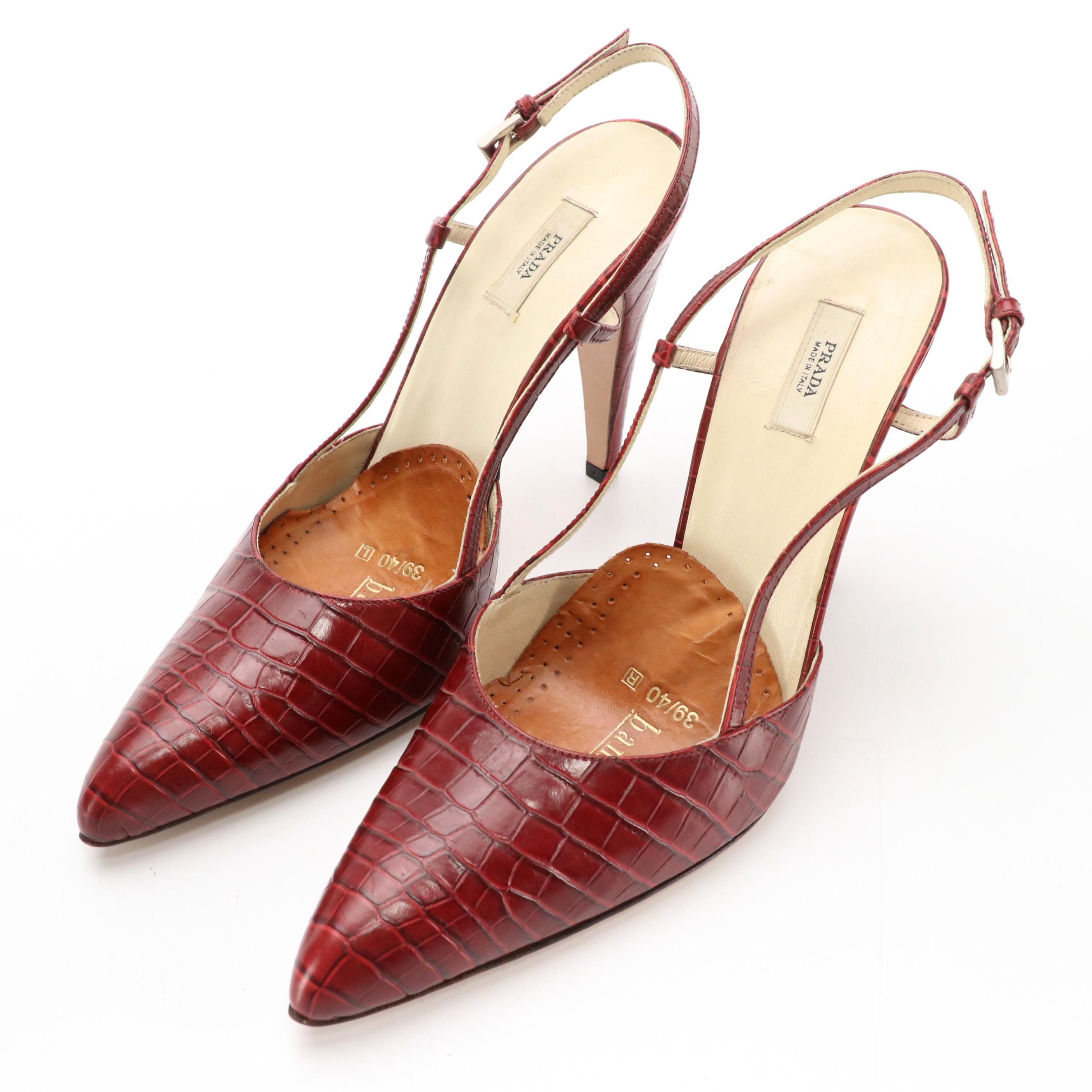 Prada Pointed-Toe Slingback Pumps in Brick Red Croc Embossed Leather
