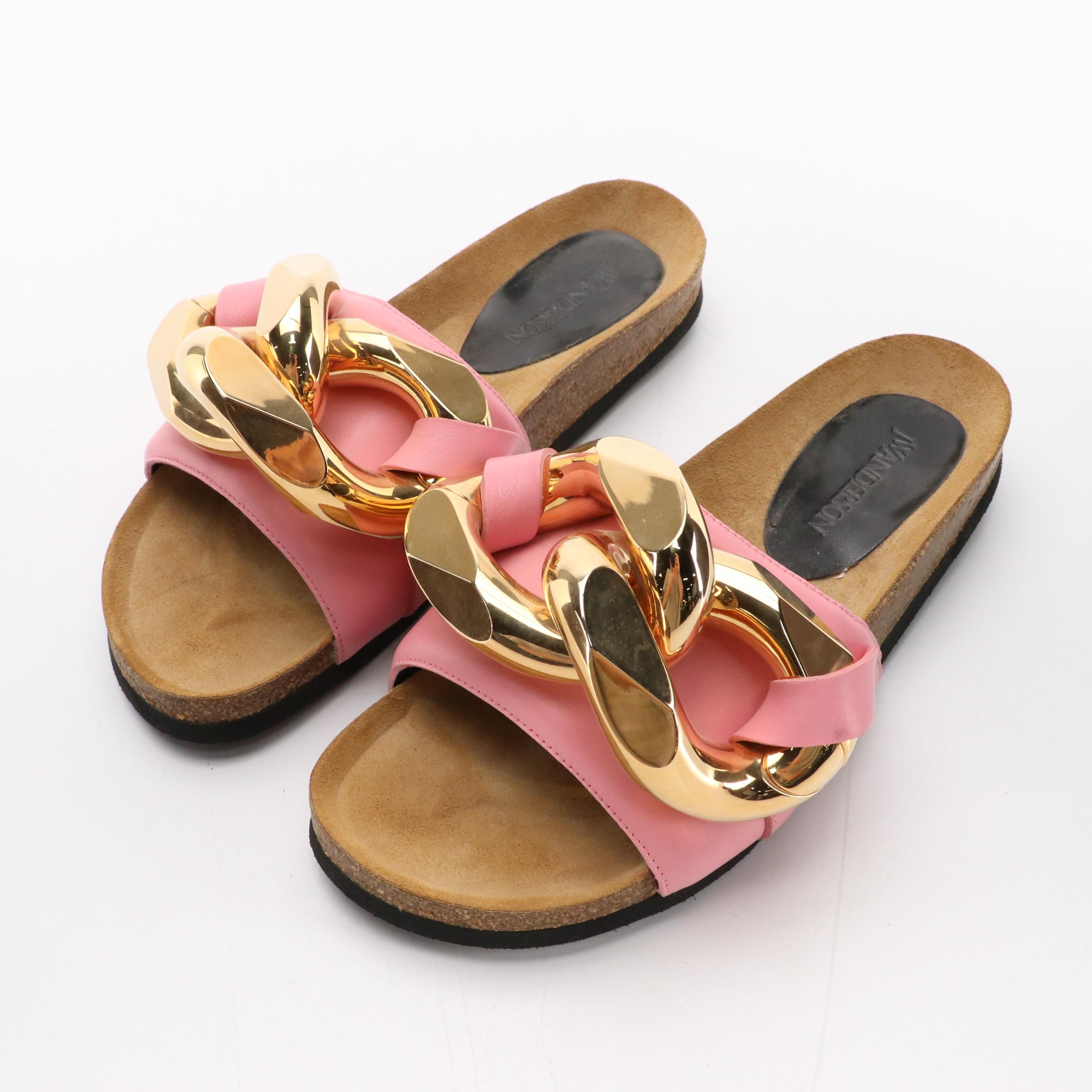 JW Anderson Pink Calfskin Leather Oversized Chain Slides