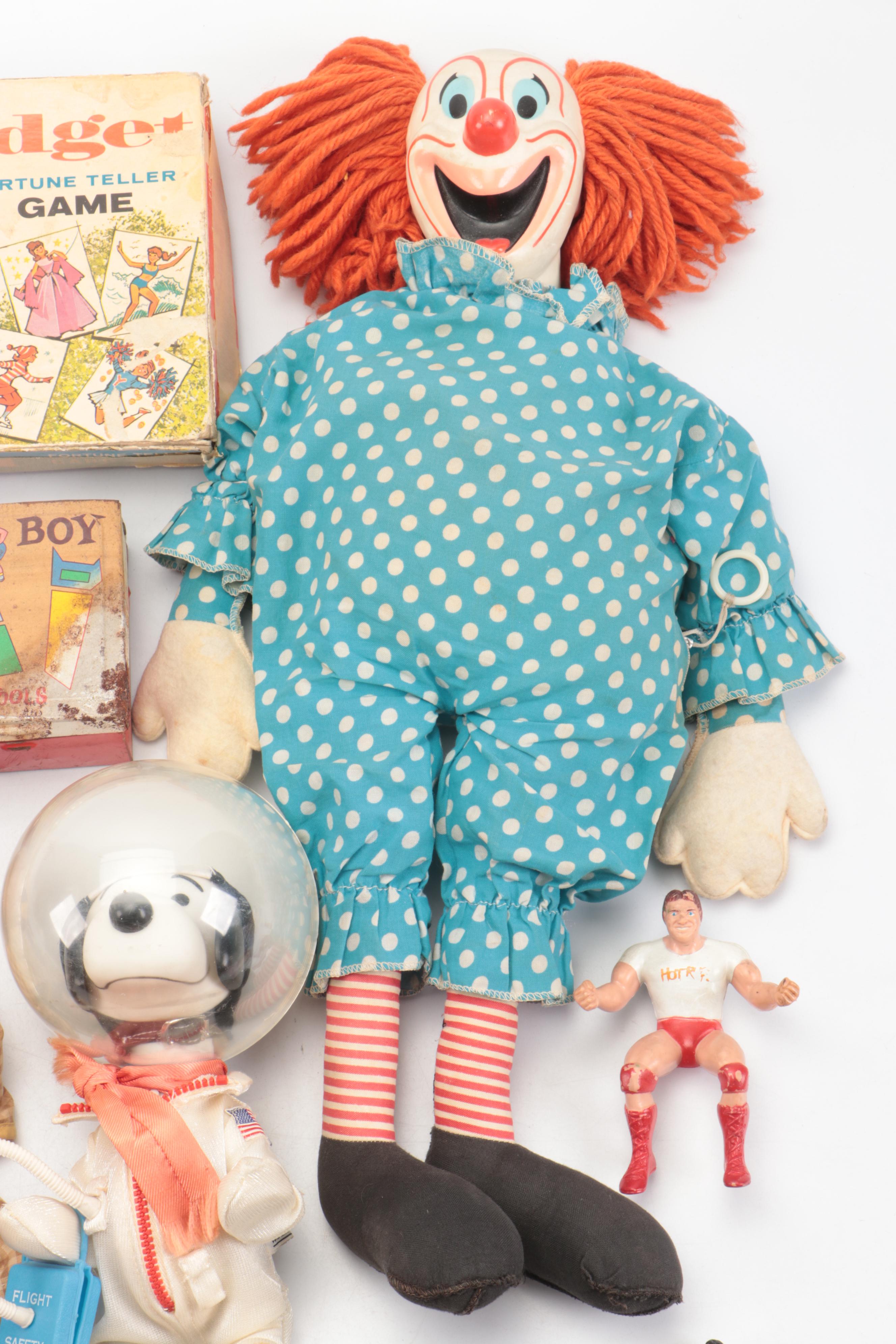 Mattel Bozo the Clown Doll and Snoopy Astronaut with Other Vintage Toys