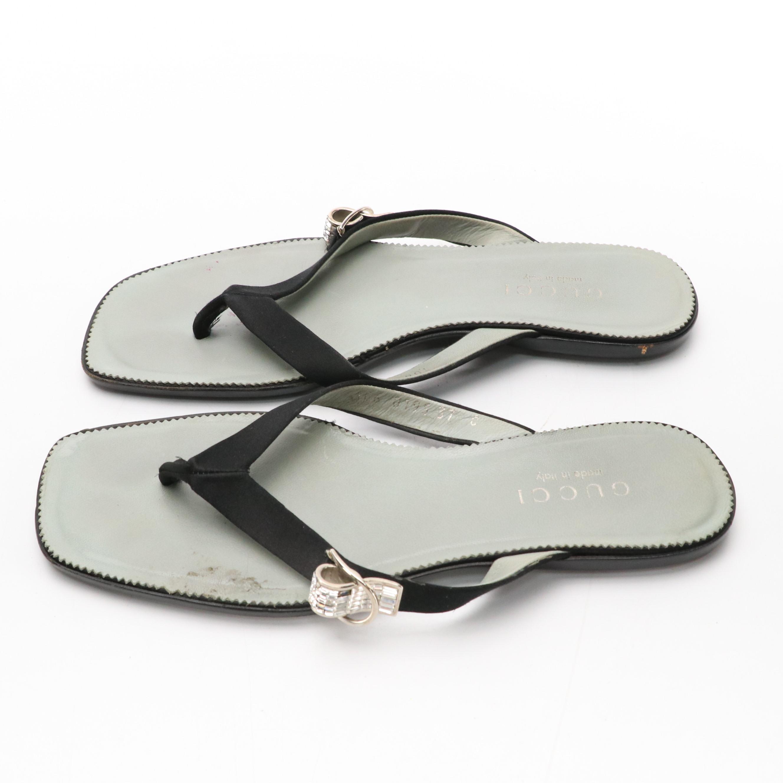 Gucci Square-Toe Thong Sandals in Black Satin with Embellished Buckle Details