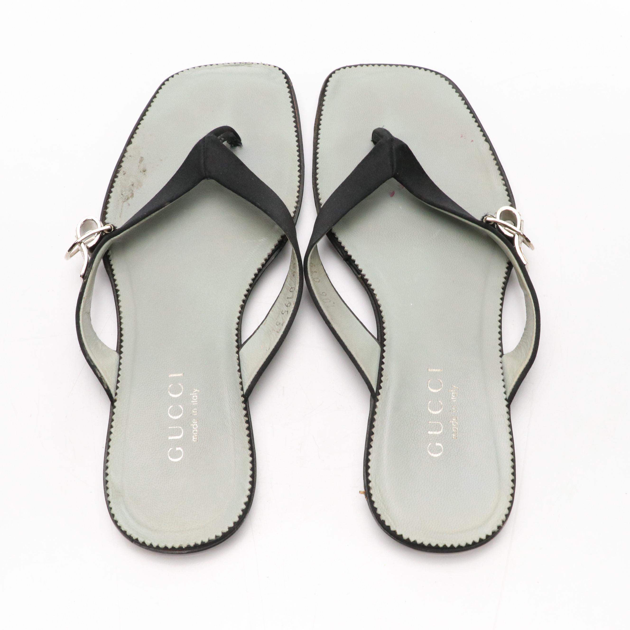 Gucci Square-Toe Thong Sandals in Black Satin with Embellished Buckle Details