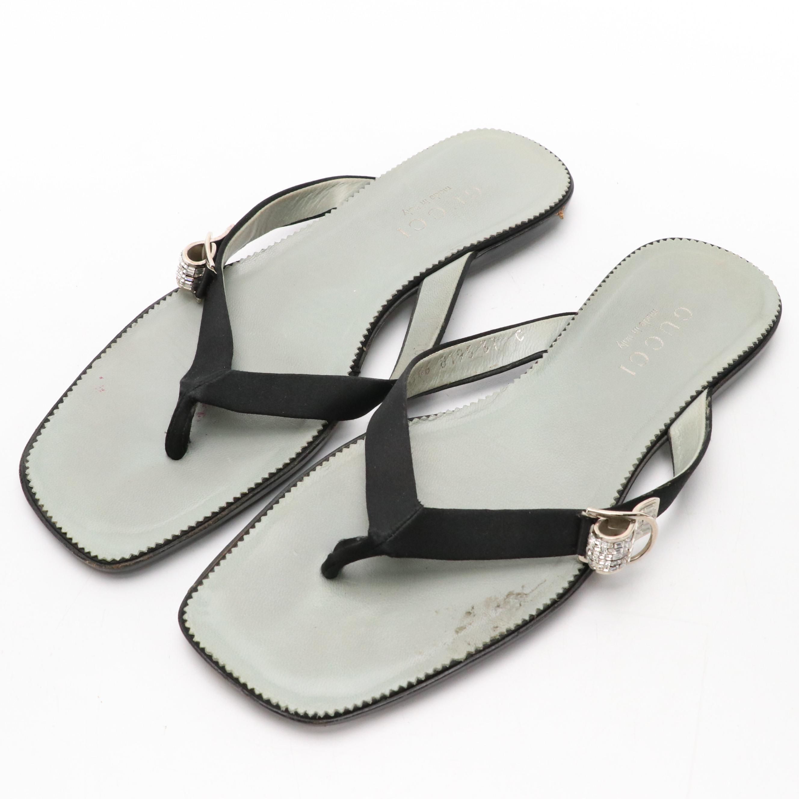 Gucci Square-Toe Thong Sandals in Black Satin with Embellished Buckle Details