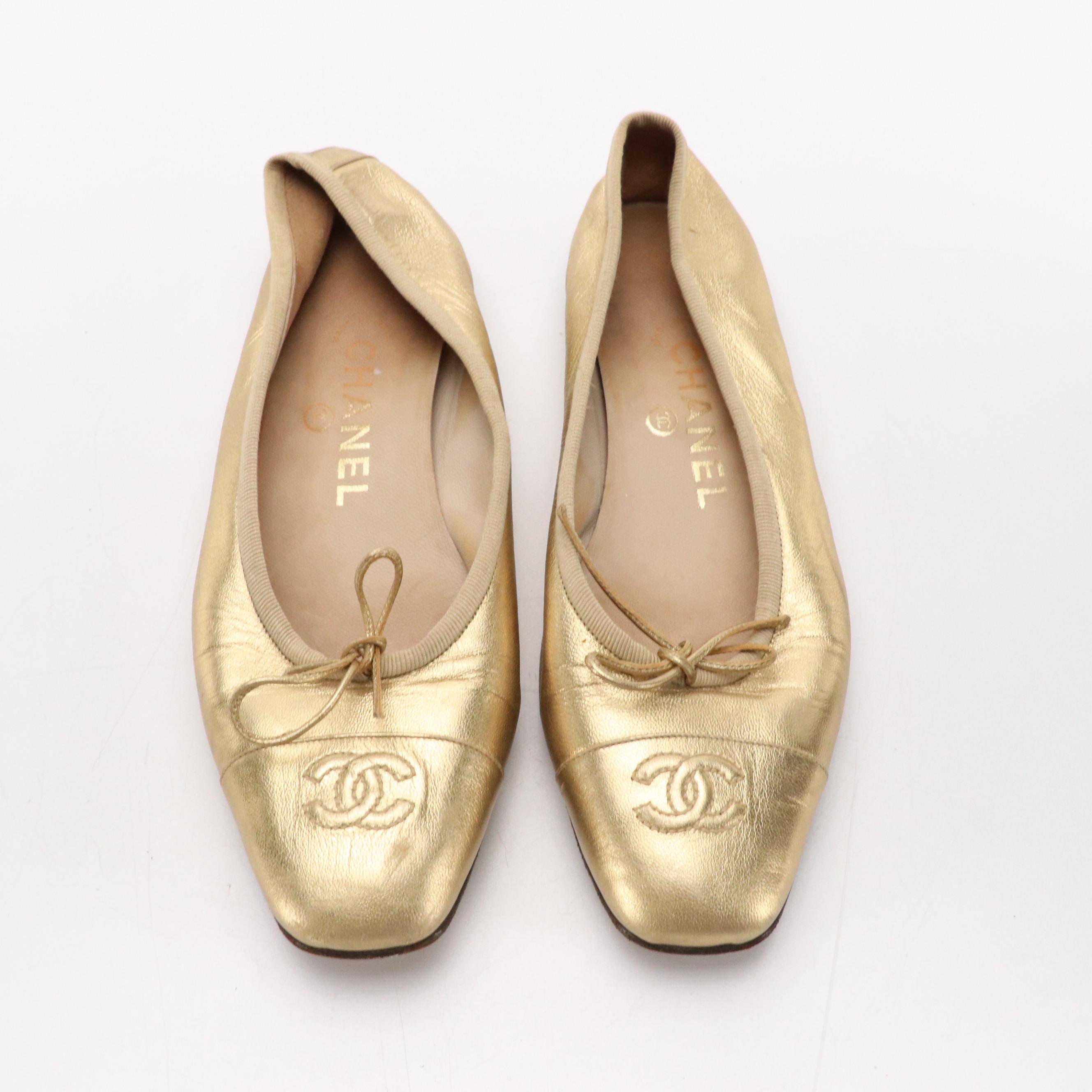 Chanel CC Stitched Square-Toe Ballet Flats in Metallic Gold Calfskin Leather