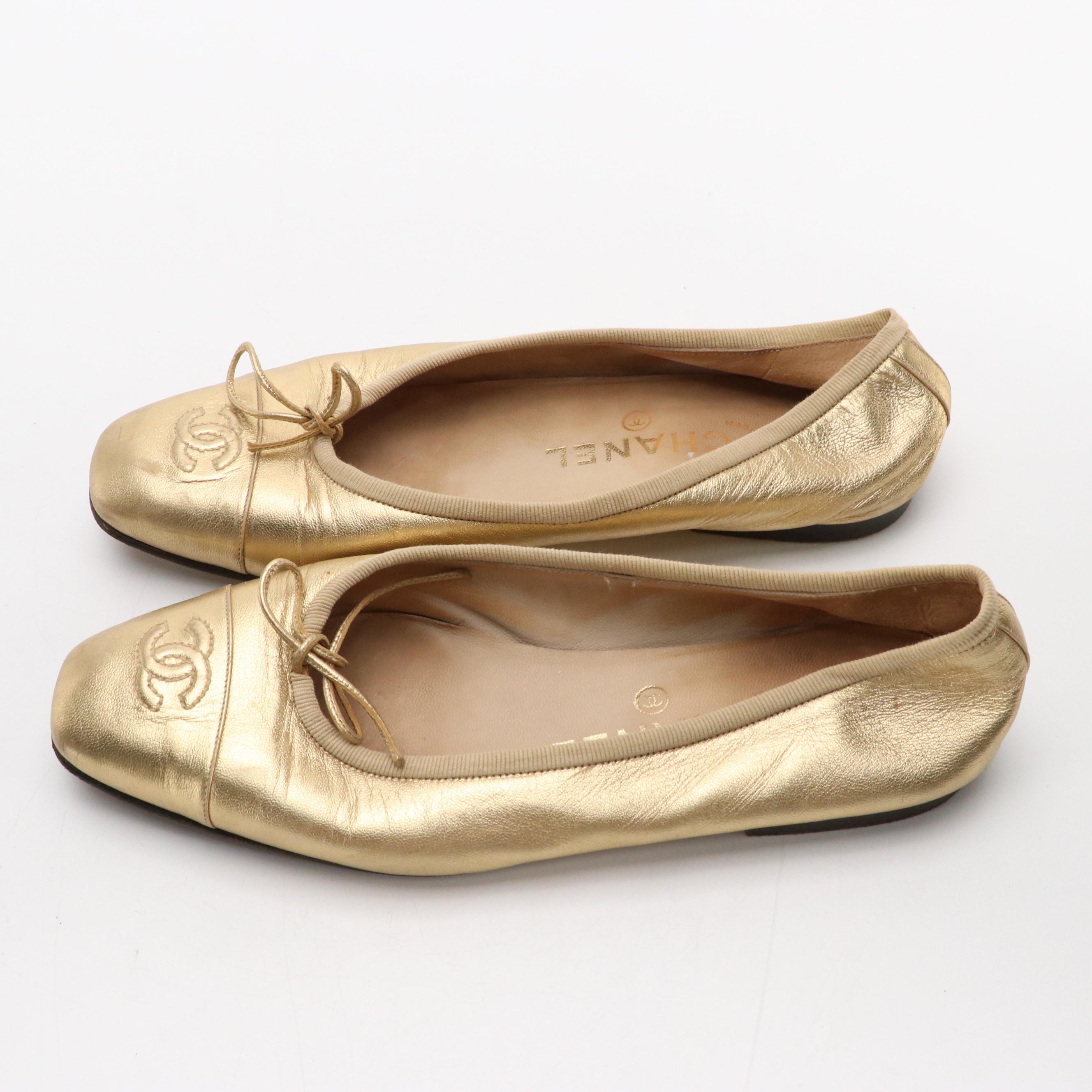 Chanel CC Stitched Square-Toe Ballet Flats in Metallic Gold Calfskin Leather
