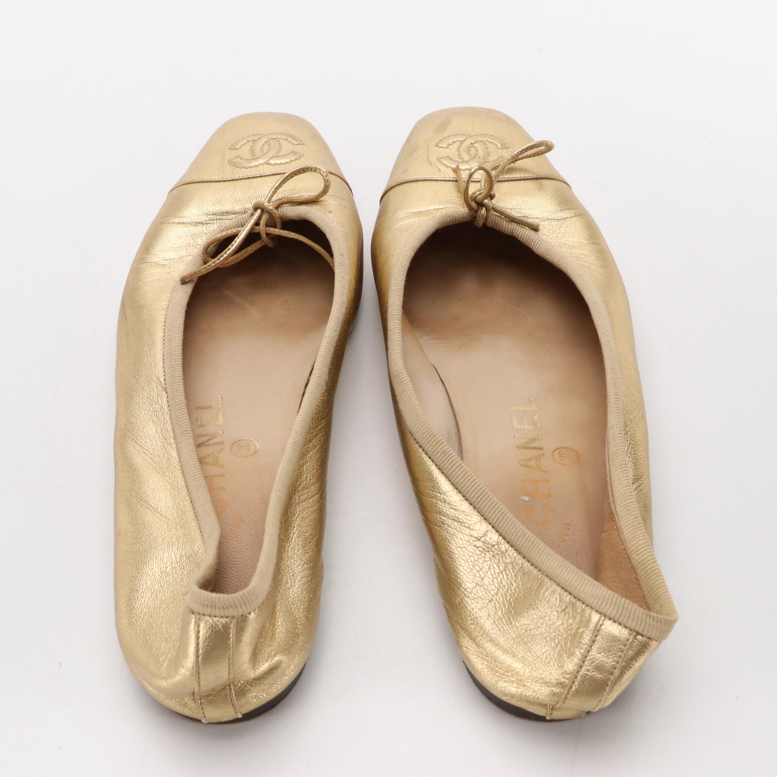 Chanel CC Stitched Square-Toe Ballet Flats in Metallic Gold Calfskin Leather