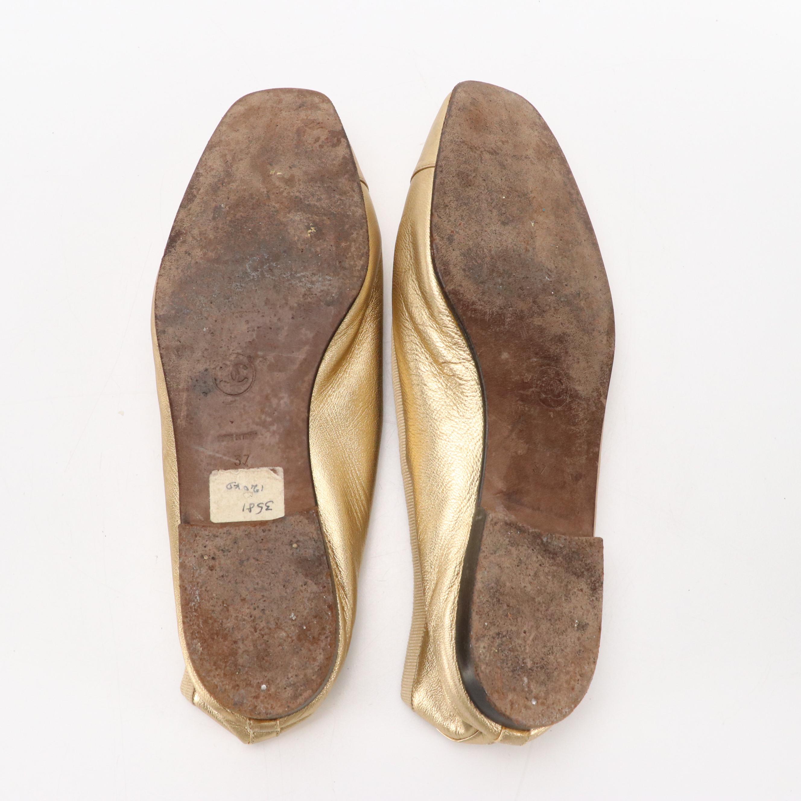 Chanel CC Stitched Square-Toe Ballet Flats in Metallic Gold Calfskin Leather