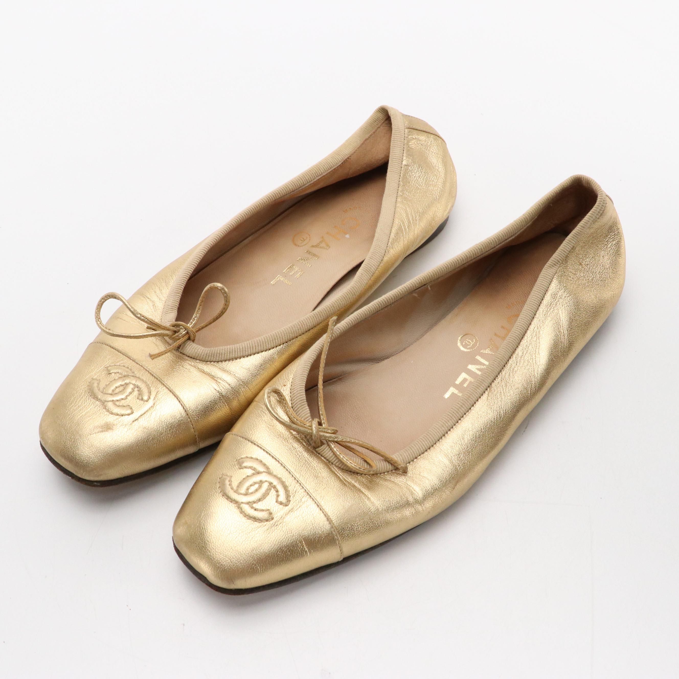 Chanel CC Stitched Square-Toe Ballet Flats in Metallic Gold Calfskin Leather
