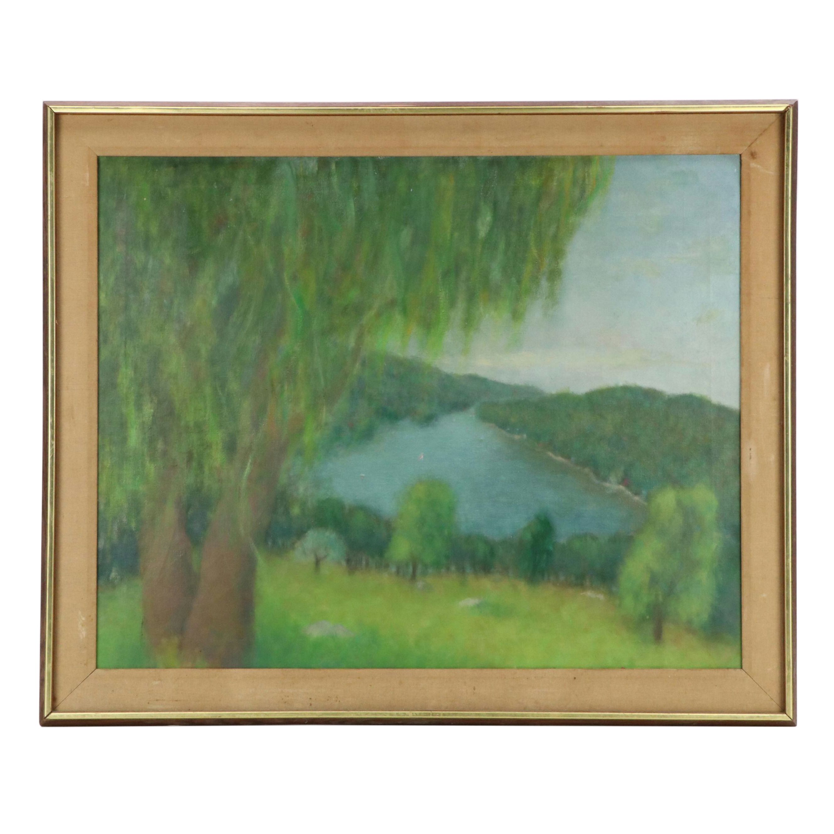 Oil on Canvas Landscape Painting of Arboraceous Hillside Looking Down on River