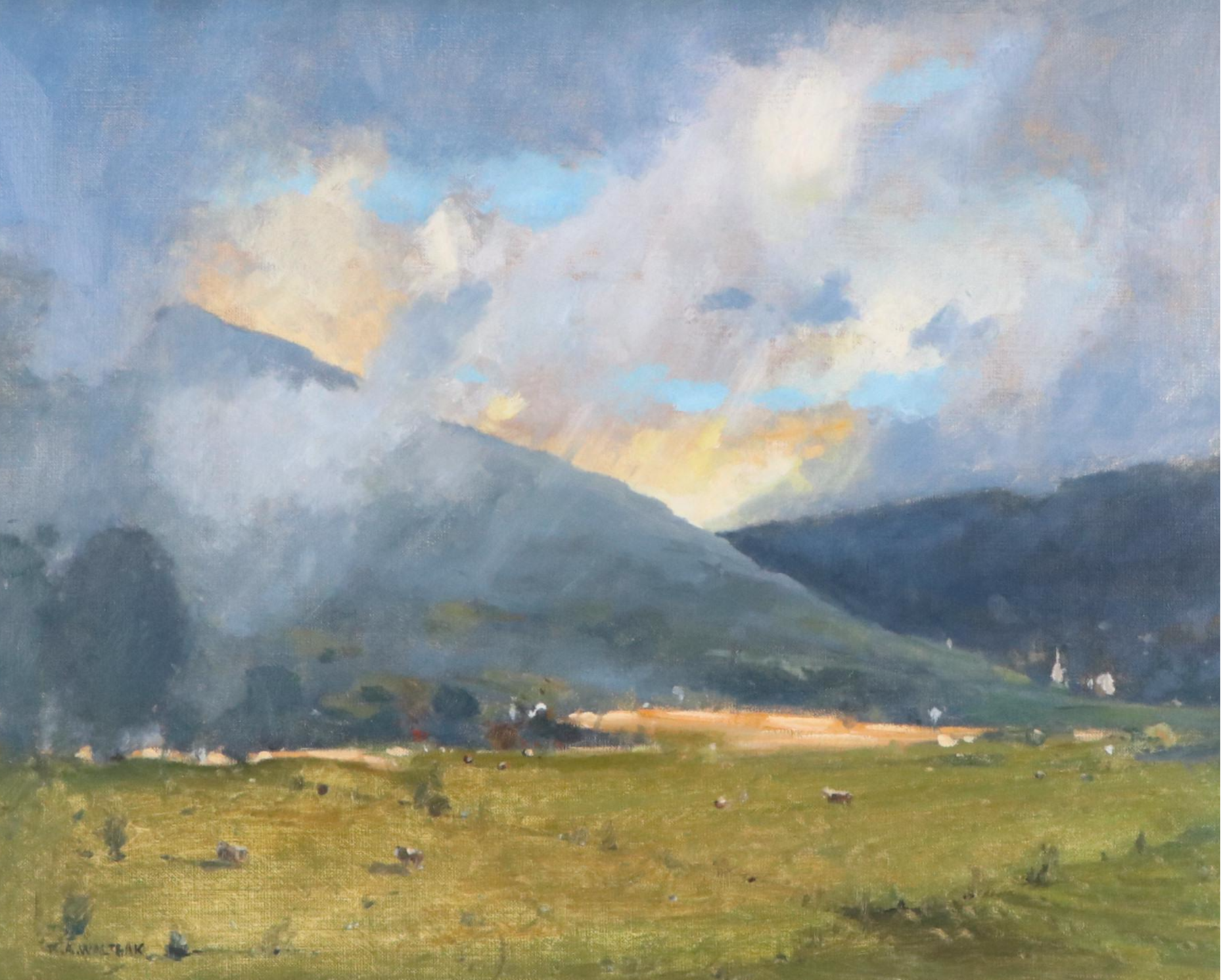 Robert Waltsak Mountainous Landscape Oil Painting of Pastoral Scene "The Storm"