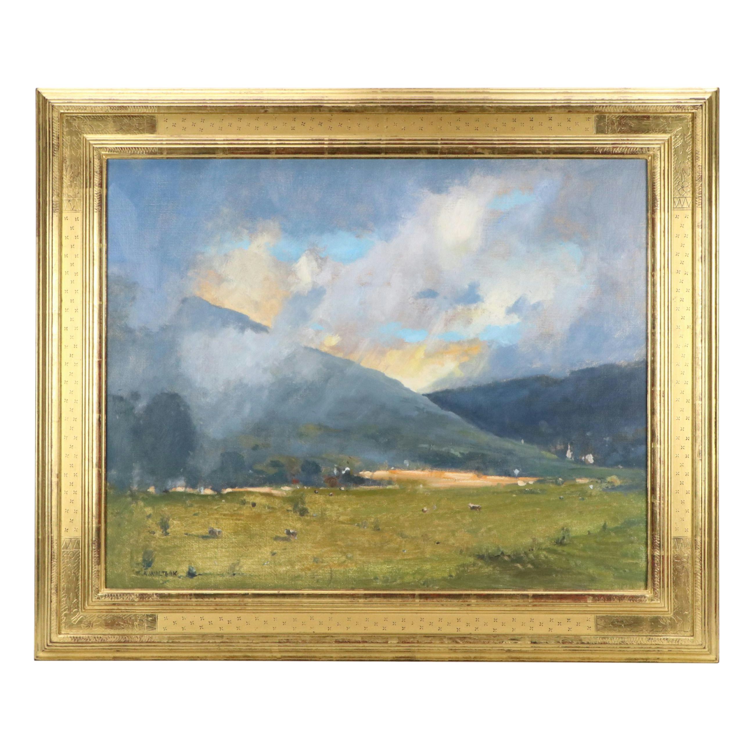 Robert Waltsak Mountainous Landscape Oil Painting of Pastoral Scene "The Storm"