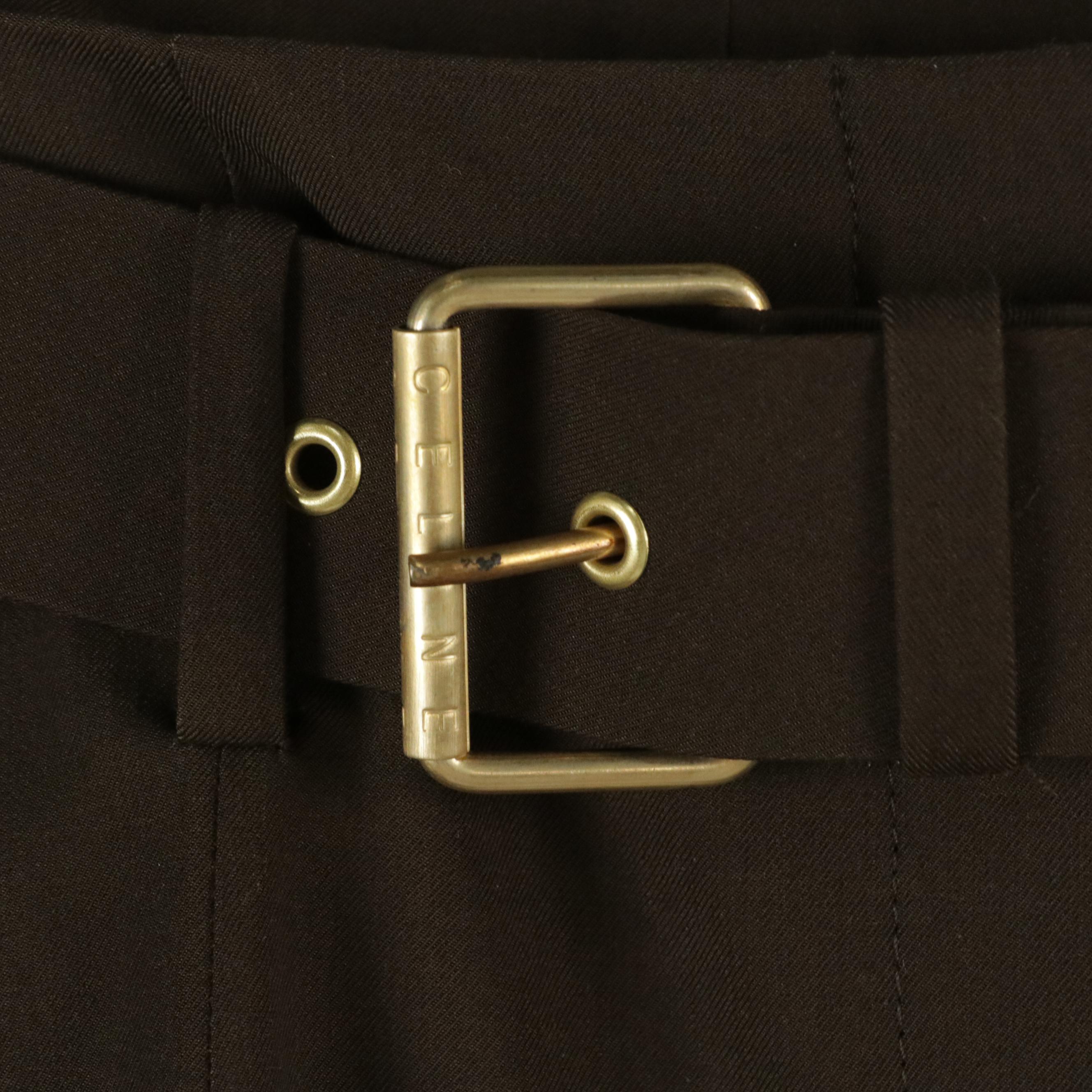 Celine Brown Wool Straight-Leg Trousers with Belt