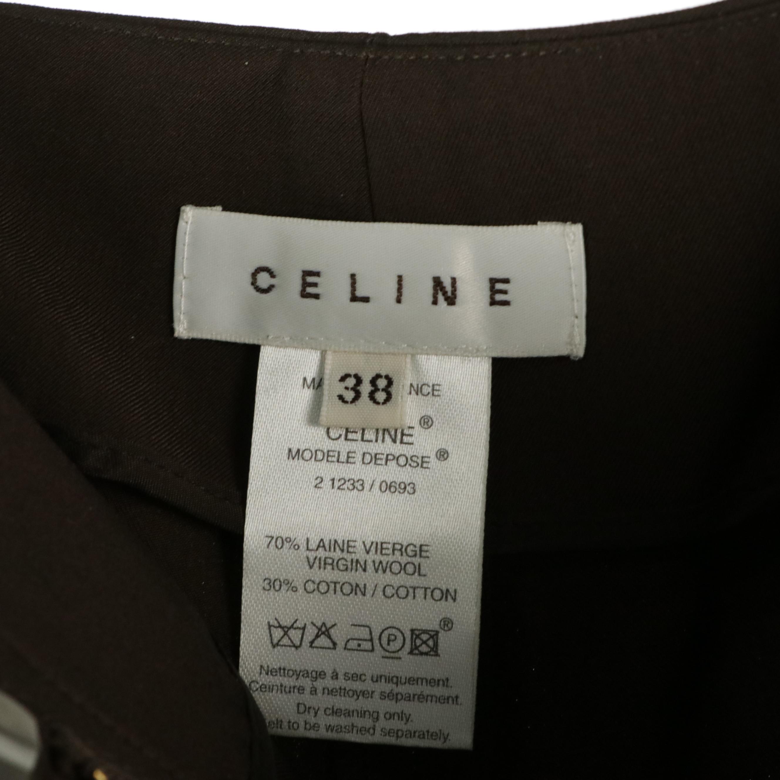 Celine Brown Wool Straight-Leg Trousers with Belt