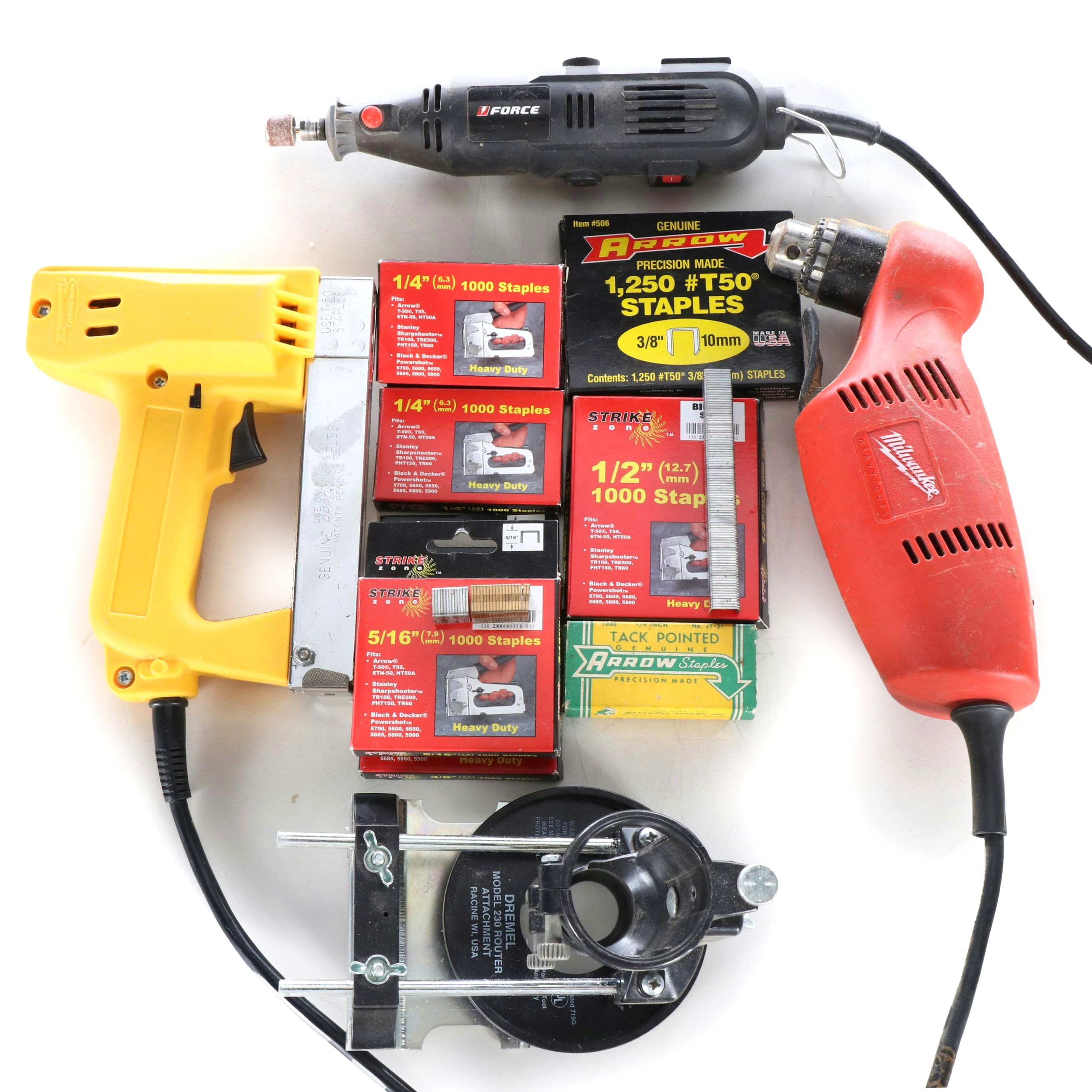 Milwaukee Close Quarter Drill with Arrow Electric Staple Gun, and More