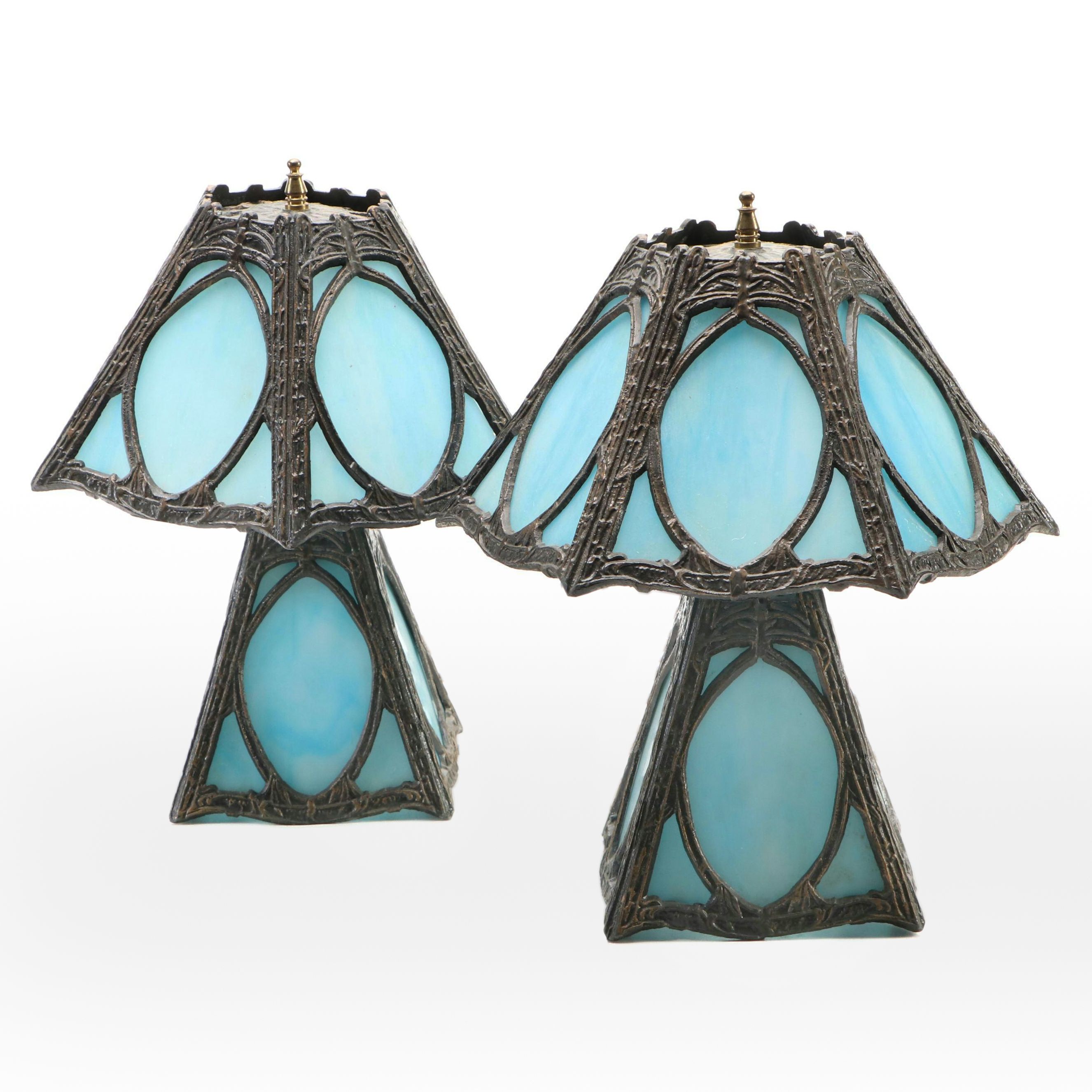 Spelter and Blue Slag Glass Panel Accent Lamp Pair, Mid to Late 20th Century