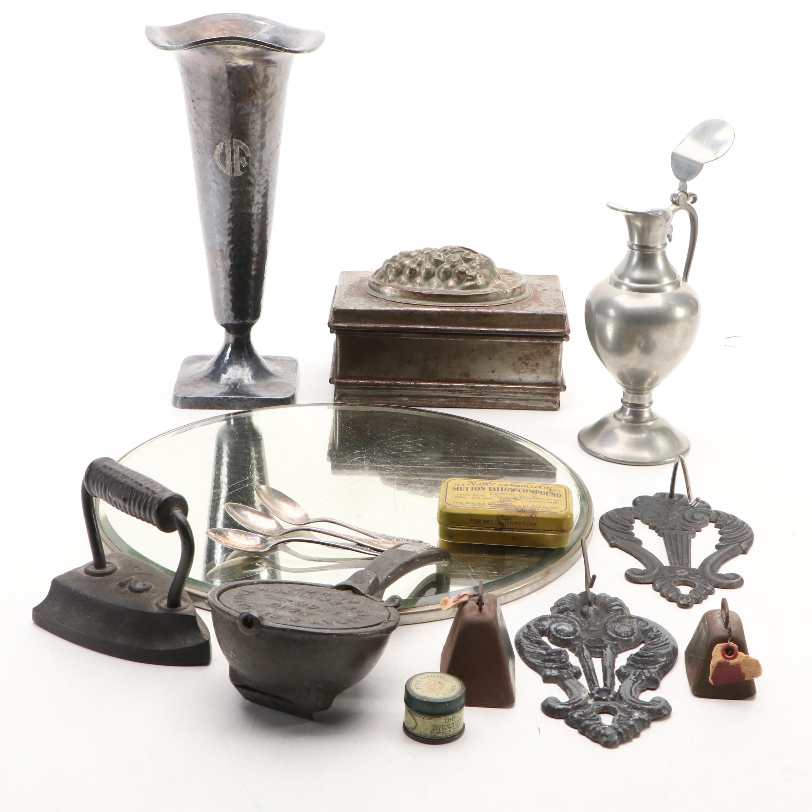 Art Nouveau Style Trumpet Vase with Mirrored Plateau and Other Decor