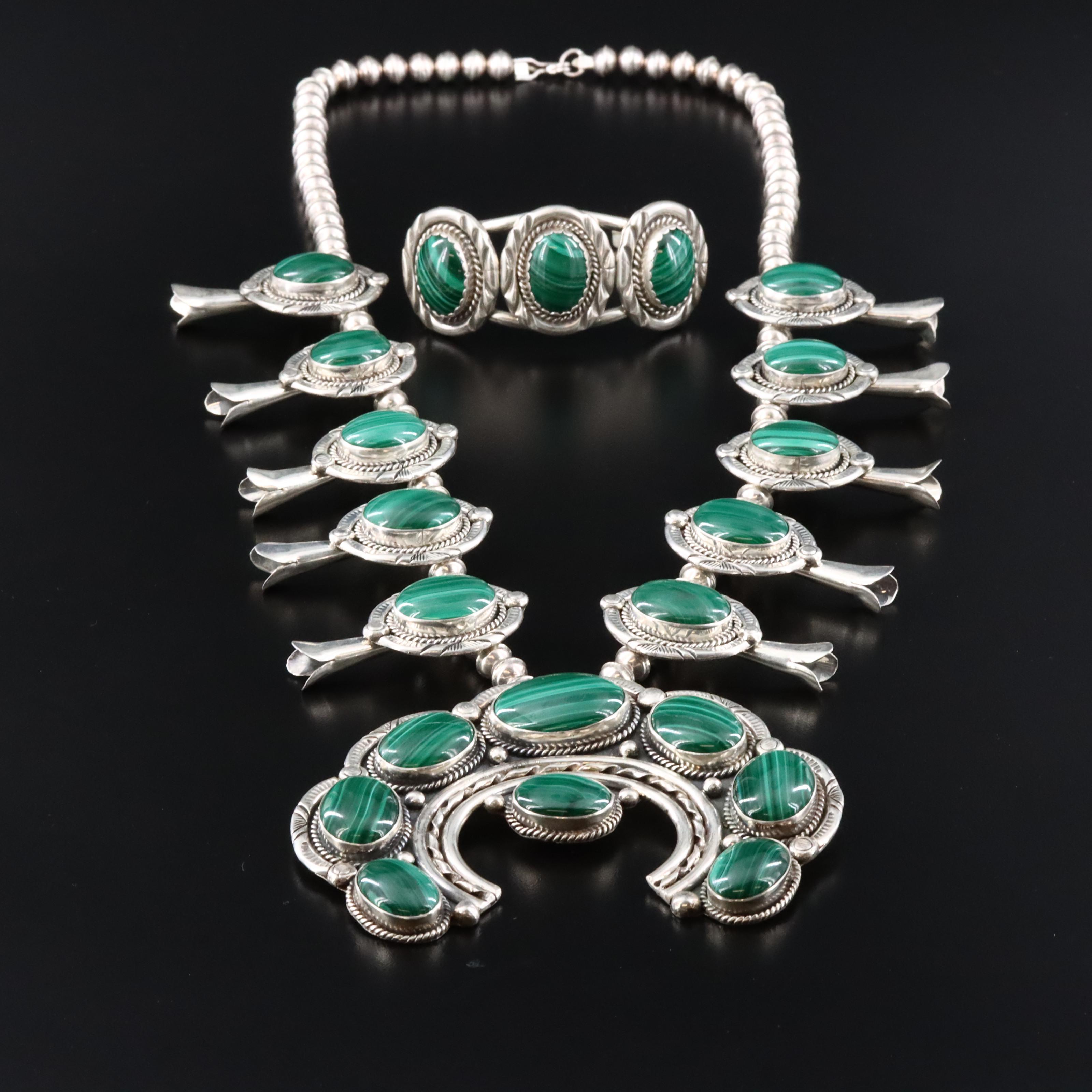 Southwestern Signed Sterling Malachite Squash Blossom Necklace with Bracelet