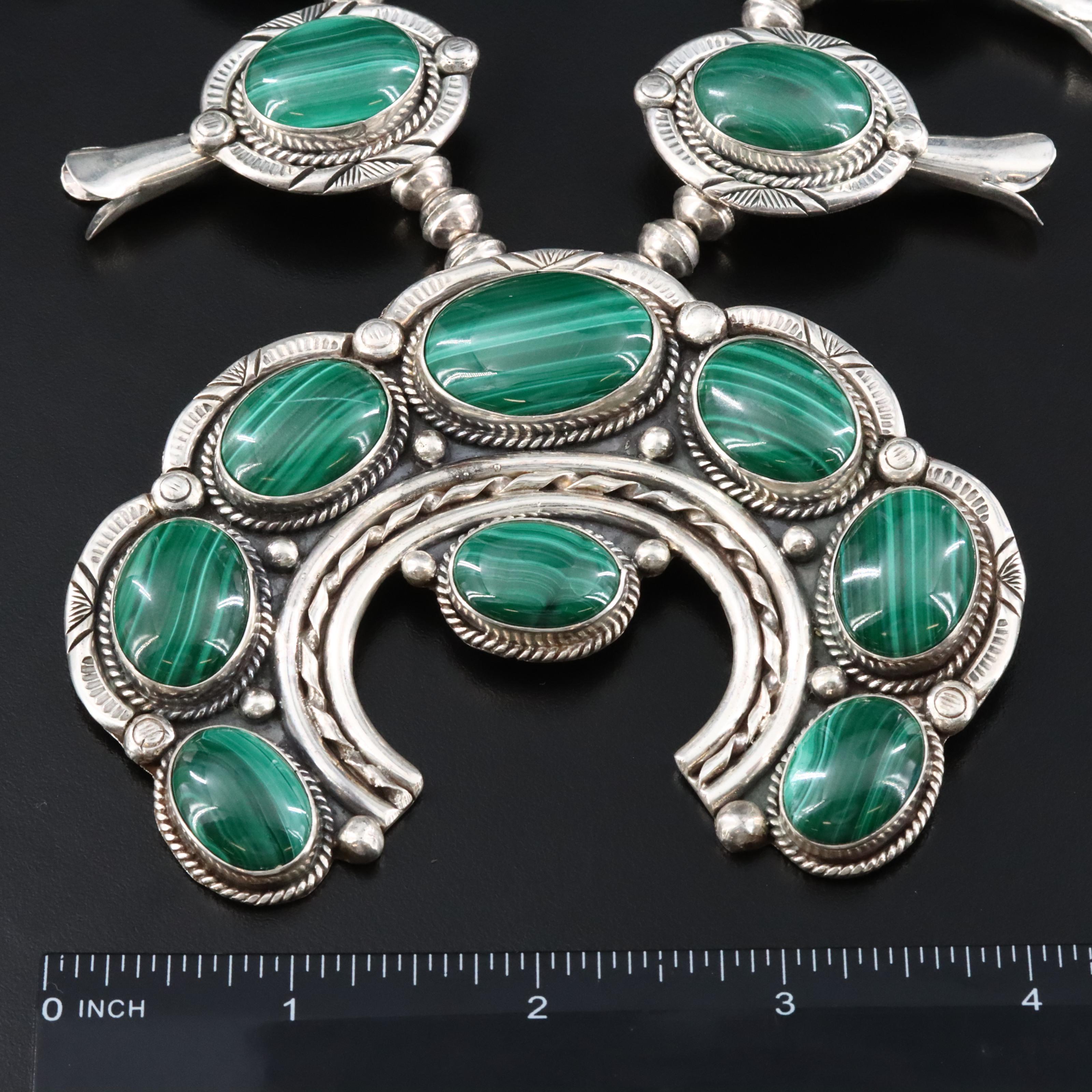 Southwestern Signed Sterling Malachite Squash Blossom Necklace with Bracelet