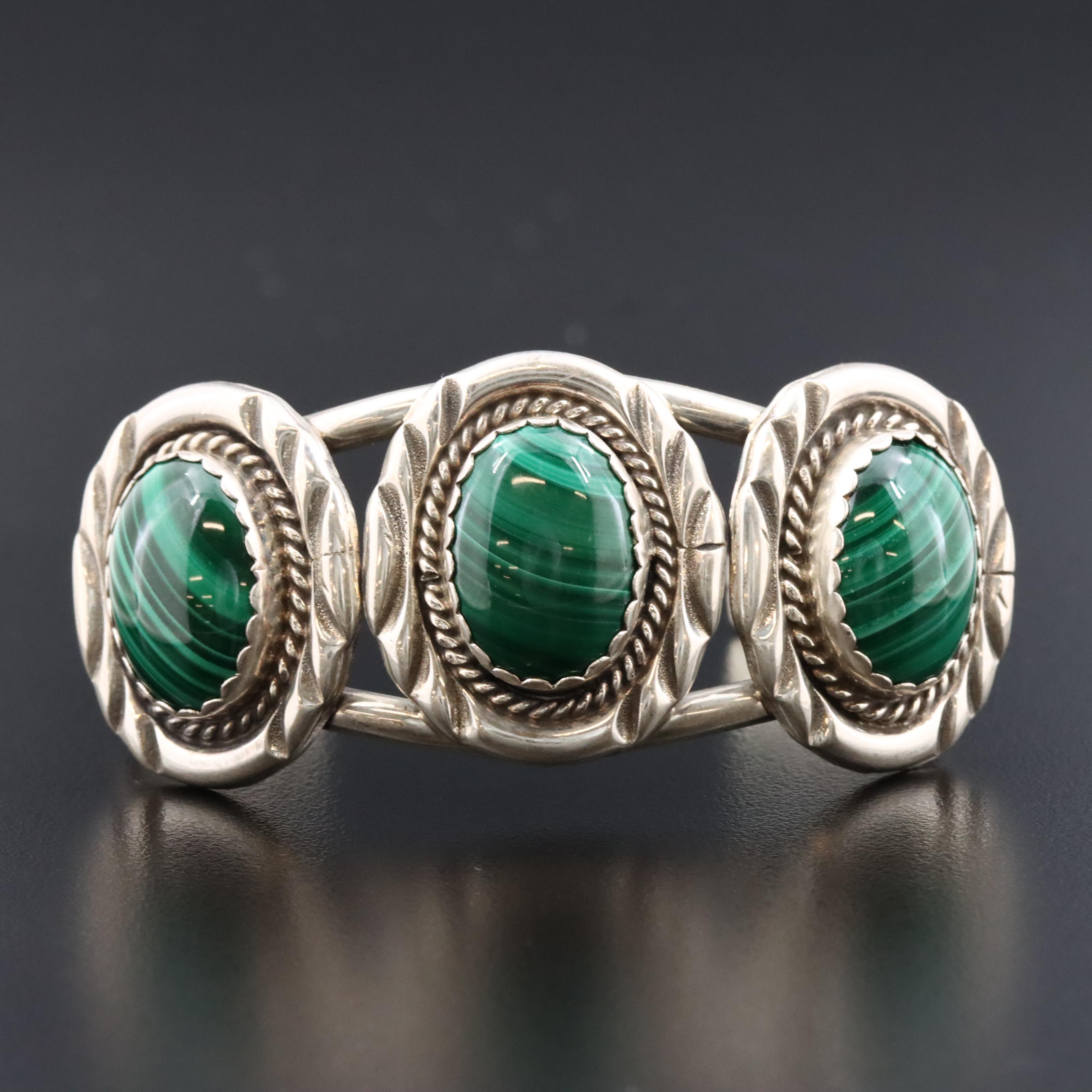 Southwestern Signed Sterling Malachite Squash Blossom Necklace with Bracelet